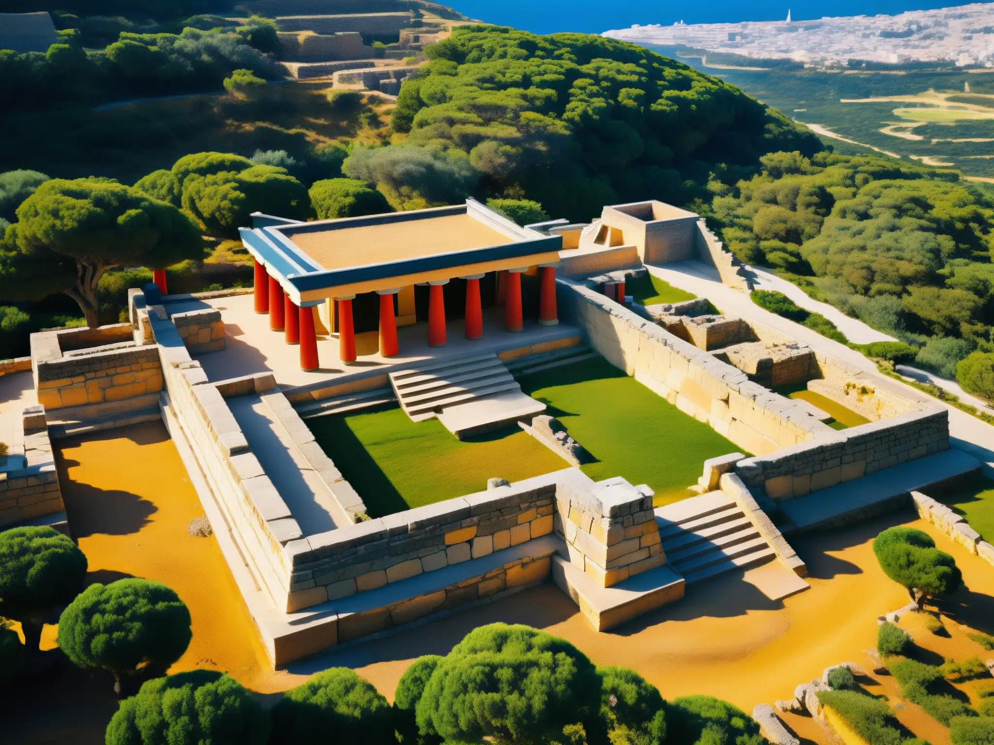 Explora los secretos del Minotauro en Creta con esta imagen de los intrincados laberintos y ruinas del Palacio de Knossos, bañados por la luz del sol