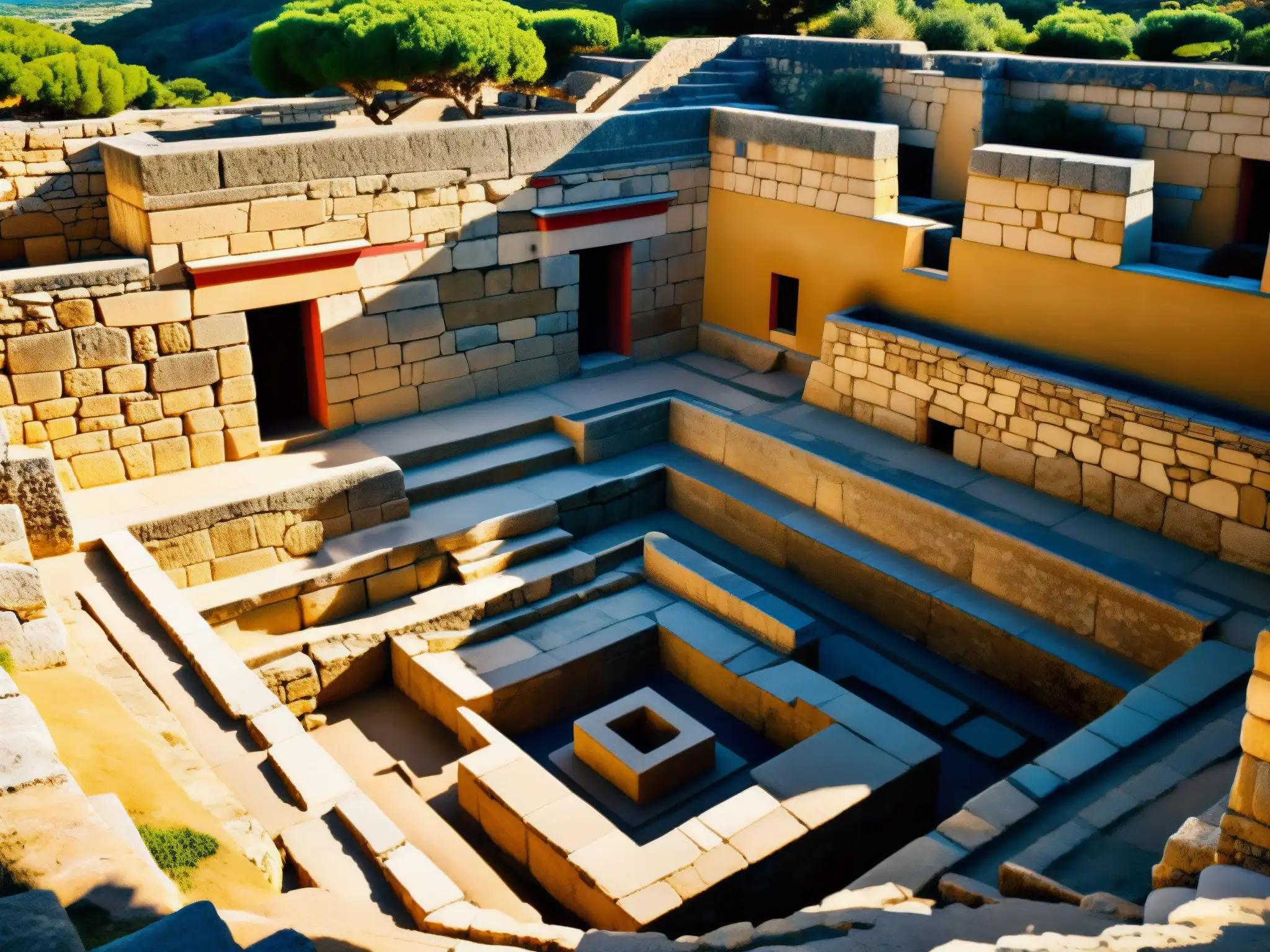 Los secretos del Minotauro en Creta: Intrincado laberinto de Knossos, con ruinas Minoicas y sombras dramáticas