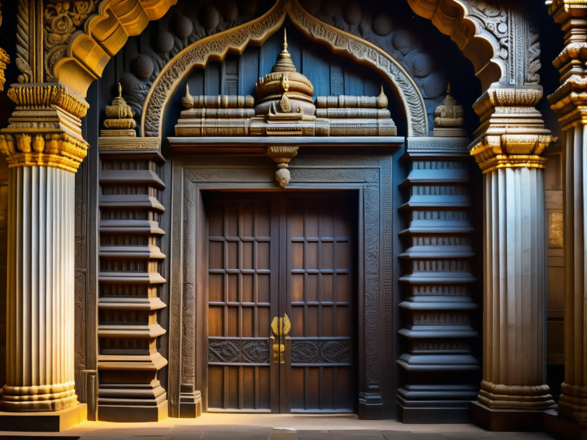Explora los secretos del Guardián del Tesoro en el misterioso interior del templo Padmanabhaswamy, con intrincadas puertas y grabados antiguos