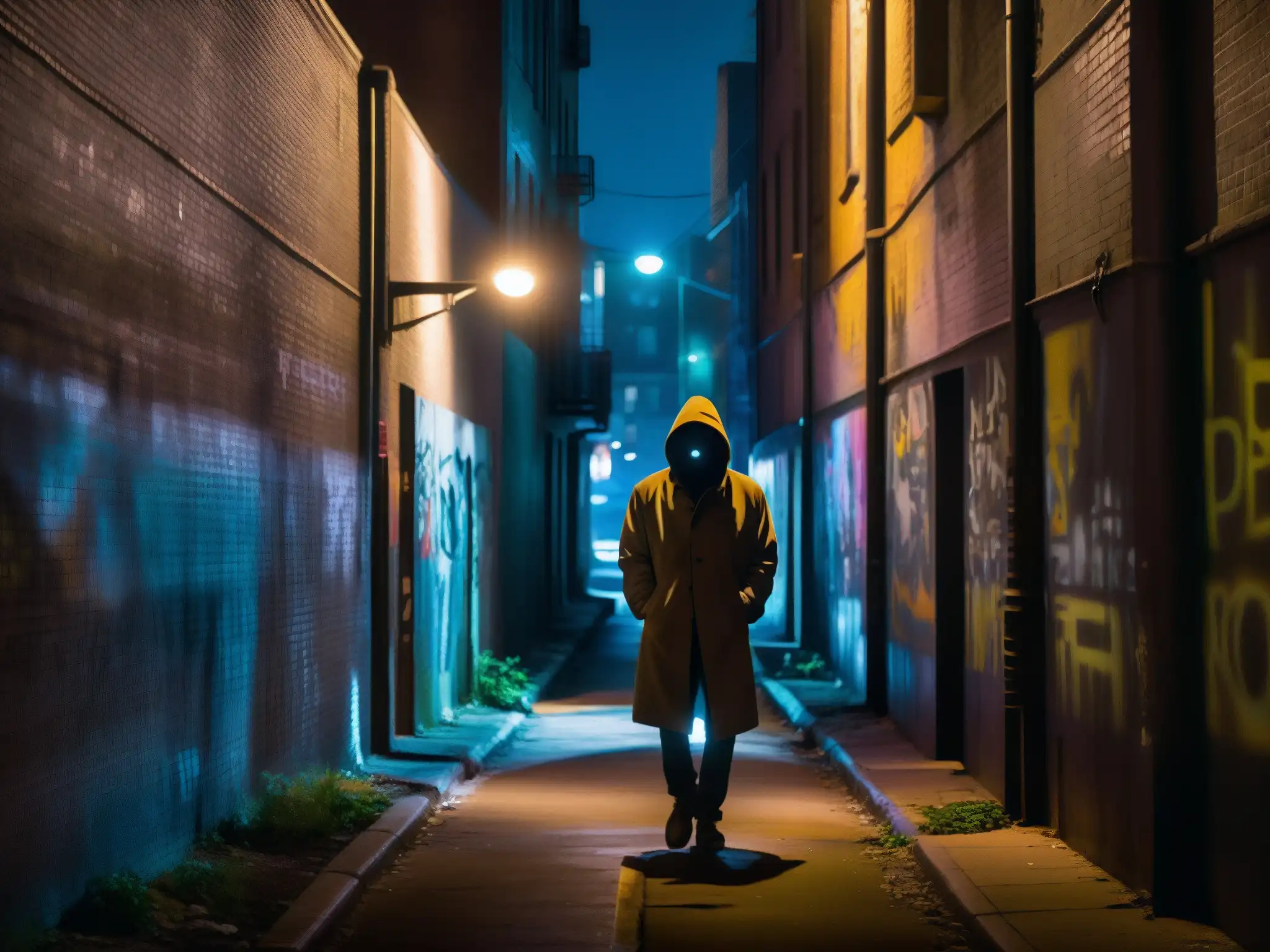 Seducción en mitos y leyendas urbanas: callejón nocturno con graffiti y figura misteriosa en sombras, evocando suspenso y misterio urbano