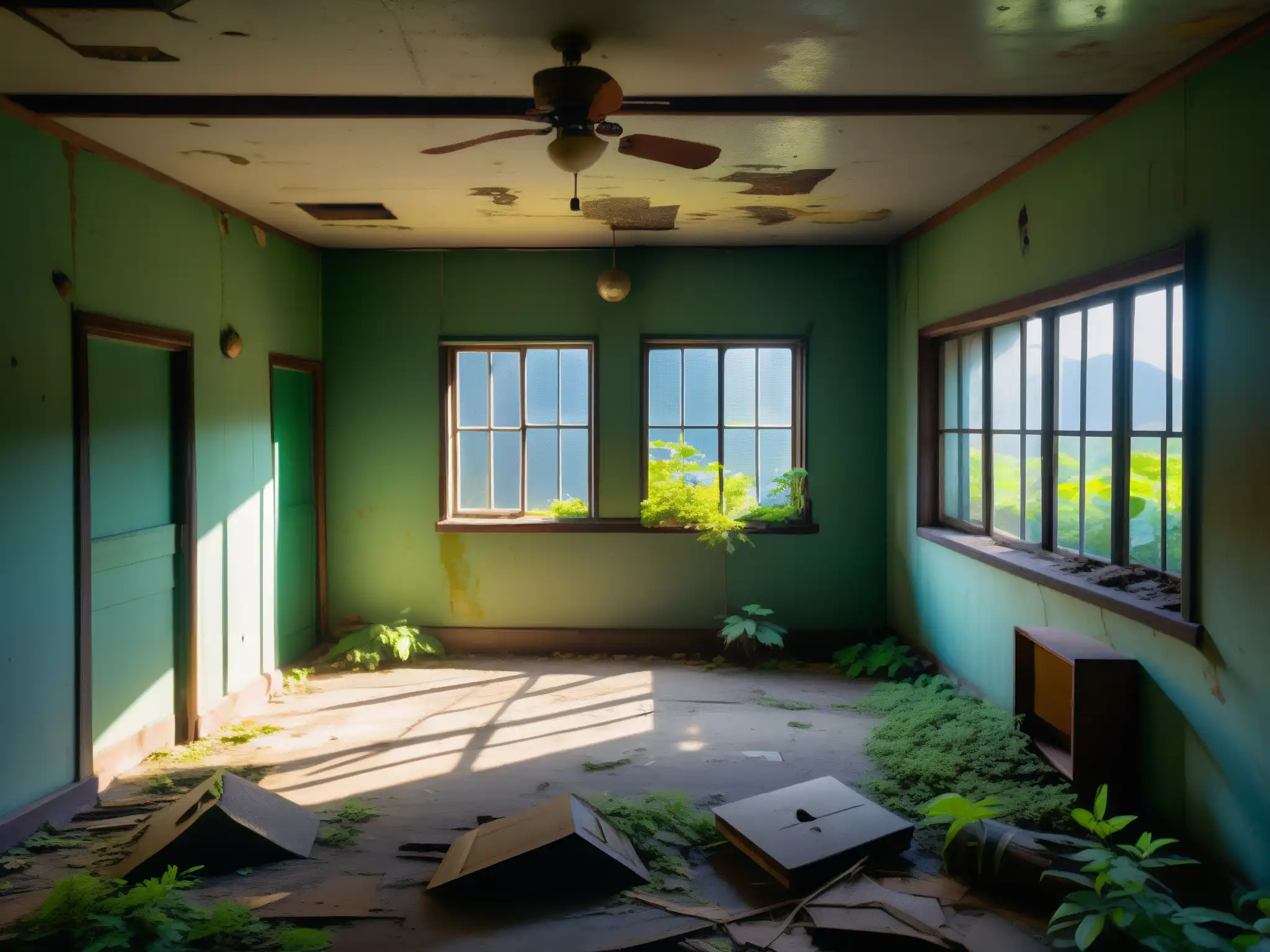 Un segundo piso abandonado en un edificio coreano, con pintura descascarada, ventanas rotas y vegetación invasiva