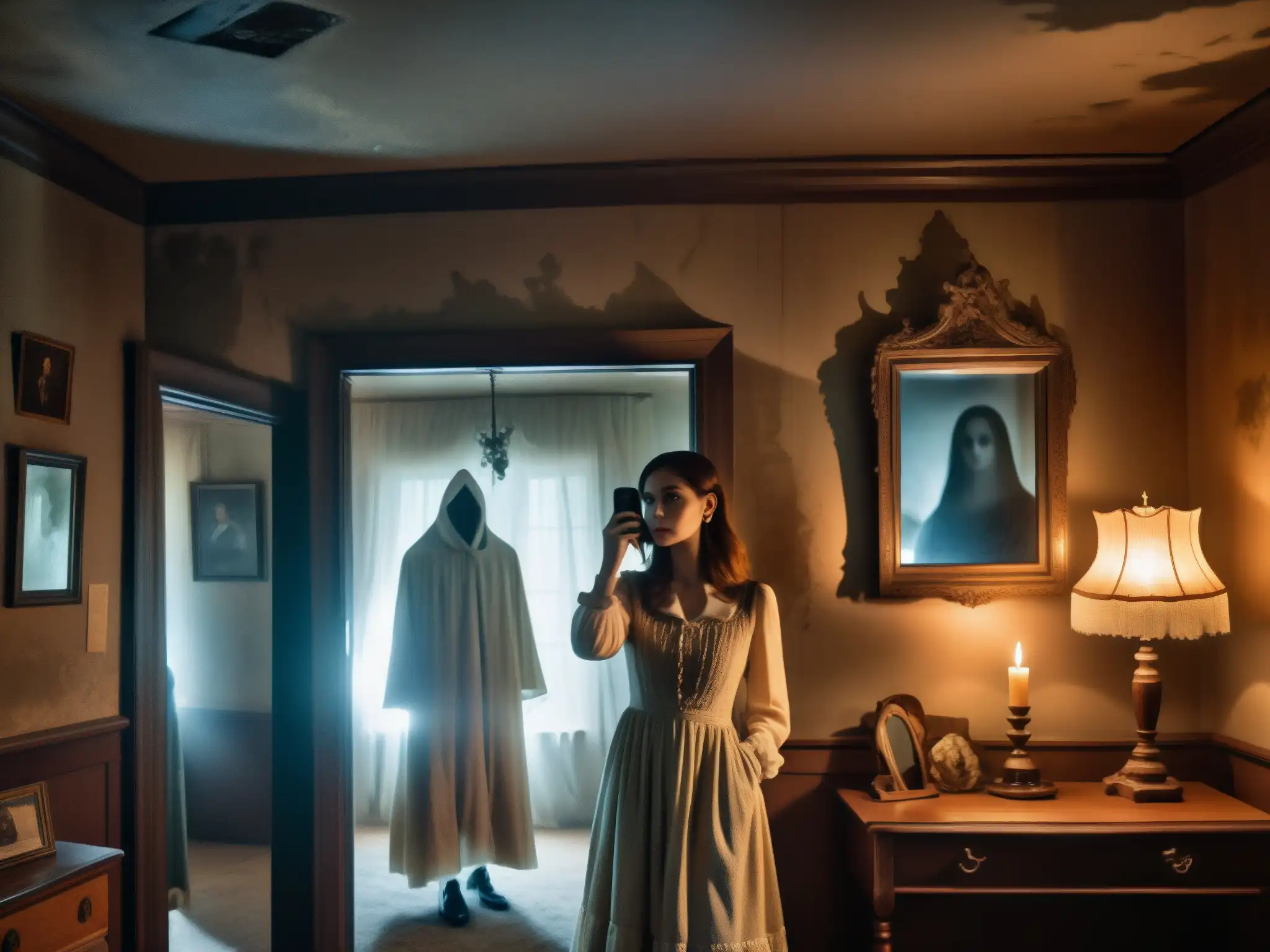 Una selfie con un fantasma en una habitación lúgubre llena de misterio y nostalgia