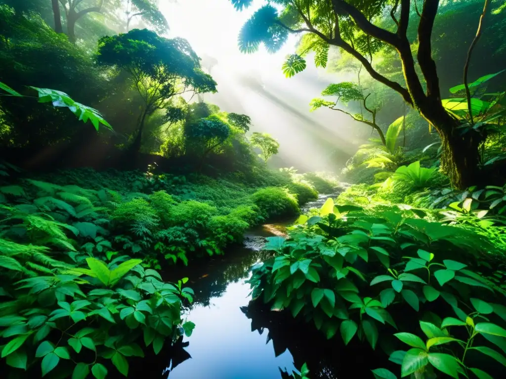 Selva exuberante con luz filtrada entre árboles altos y enredaderas retorcidas, reflejos en un arroyo