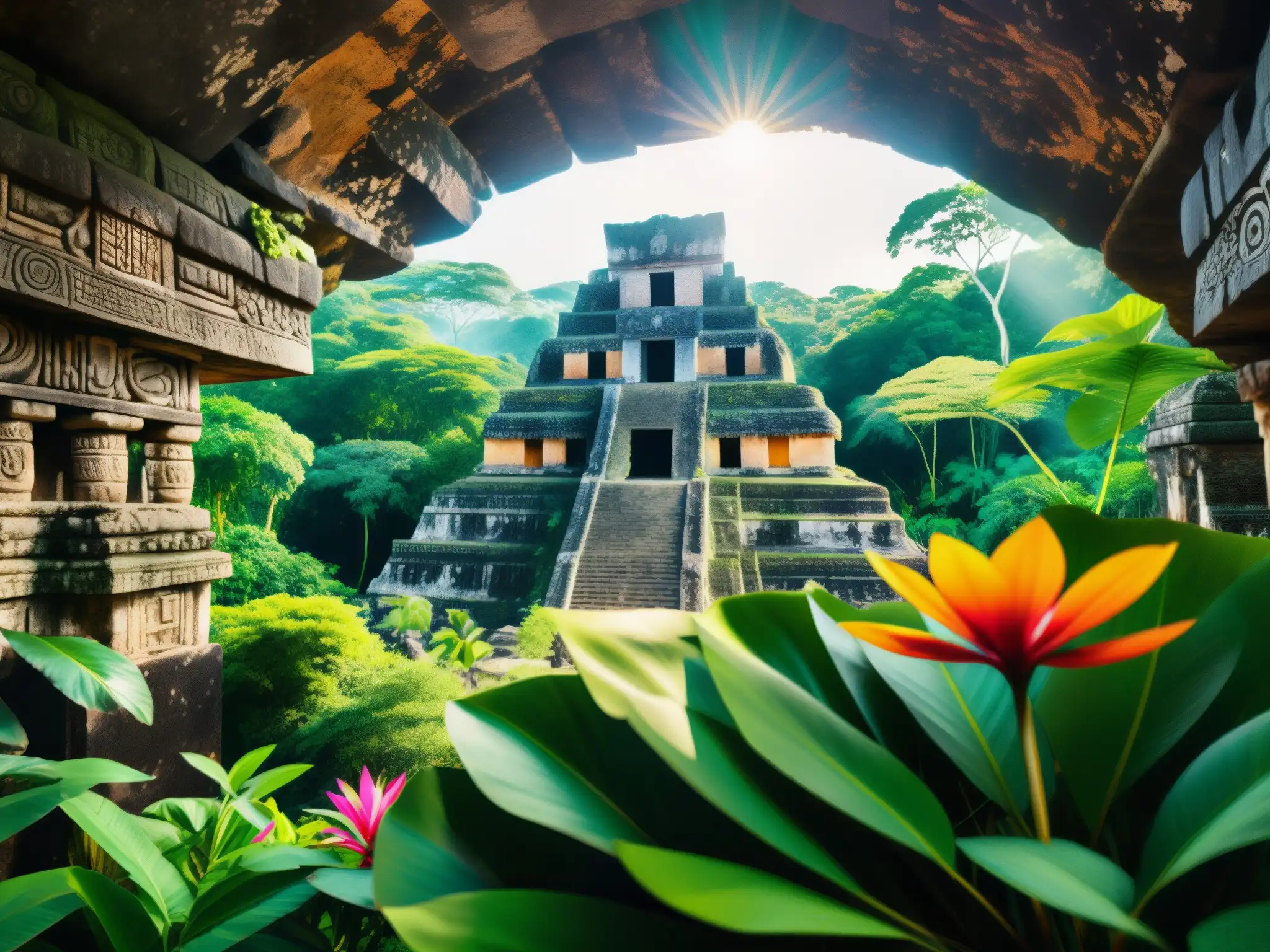 Una selva maya exuberante con ruinas antiguas, la misteriosa flor Xtabay y un templo oculto entre la niebla, evocando el misterio y la leyenda maya