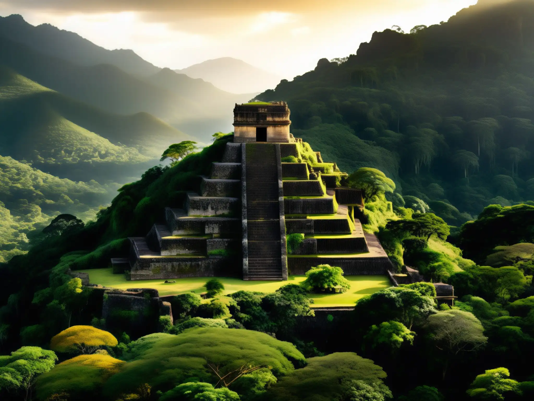 Explorando la selva mexicana en busca del tesoro de Moctezuma, un templo azteca escondido entre la exuberante vegetación y la luz dorada