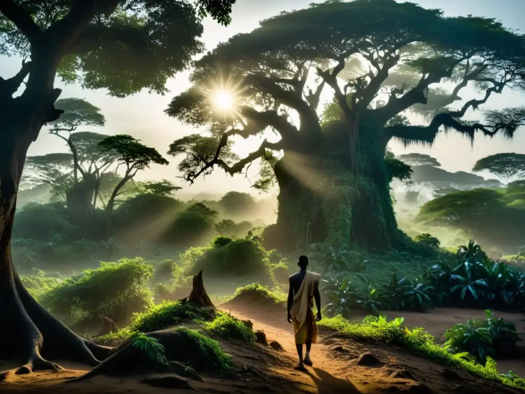 Selva misteriosa en África Occidental con una figura en la distancia, evocando la leyenda urbana de Mary Kingsley África