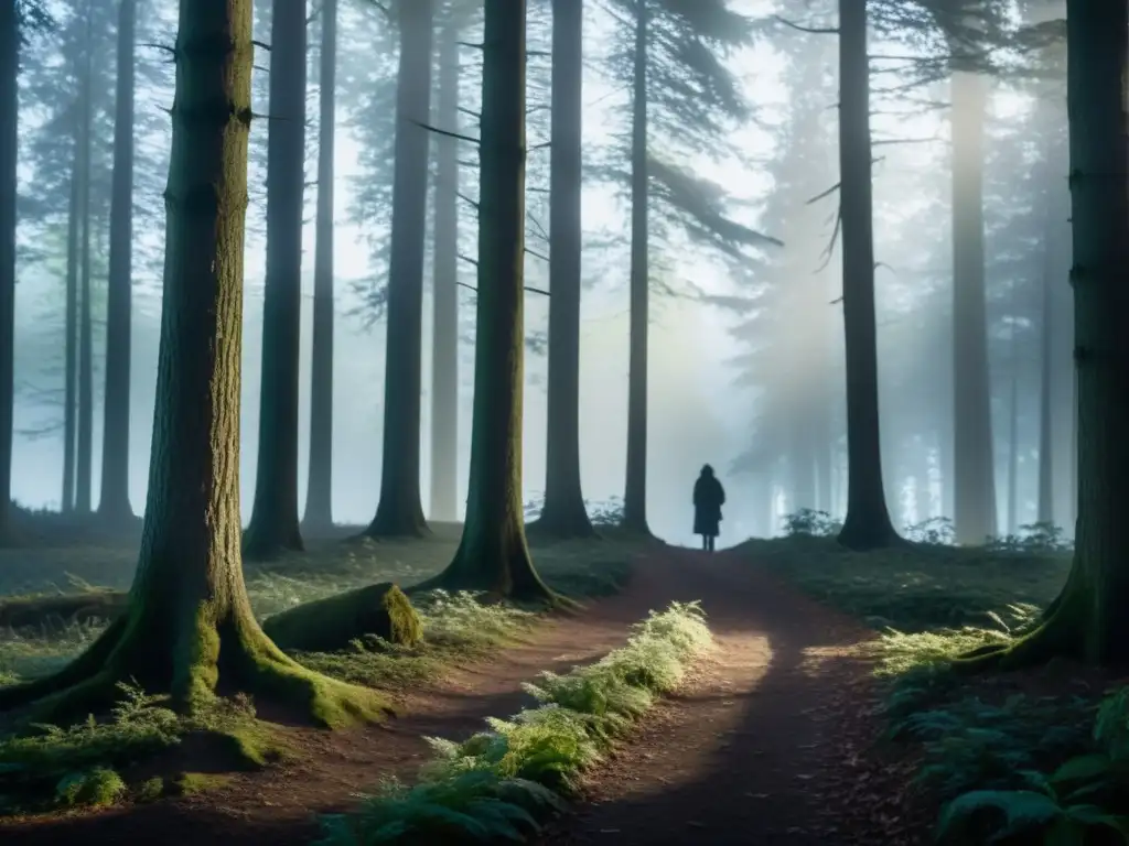Un sendero desgastado se adentra en un bosque nebuloso y misterioso, con árboles imponentes y sombras alargadas
