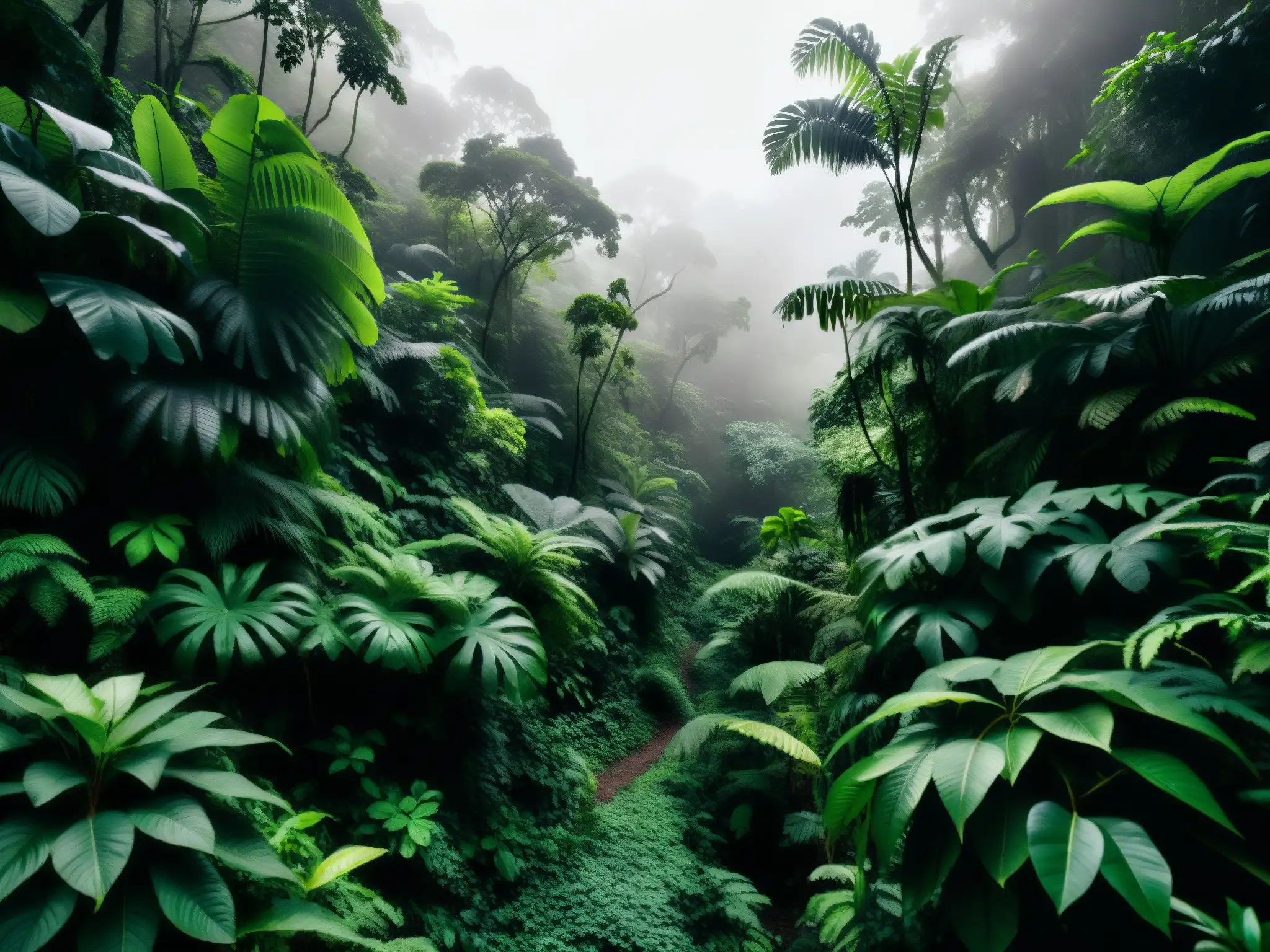 Un sendero misterioso se adentra en el denso bosque colombiano, evocando el folclore de La Tunda