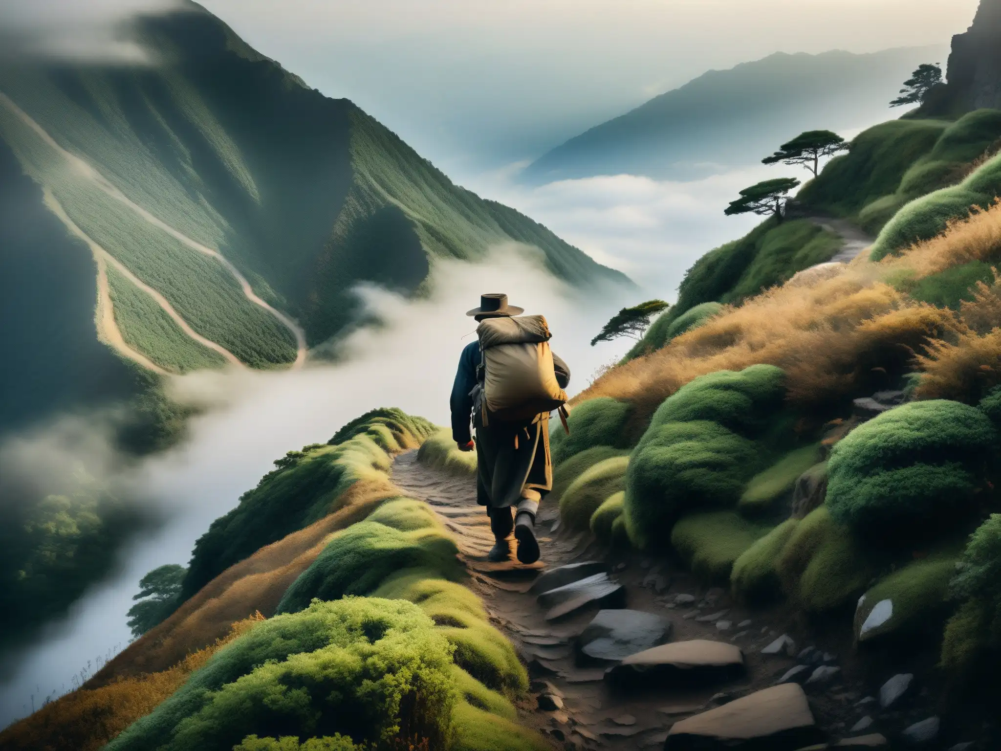 Un sendero montañoso envuelto en neblina, donde una figura solitaria avanza con un fardo, evocando el tema del Ubasuteyama: mito abandono ancianos