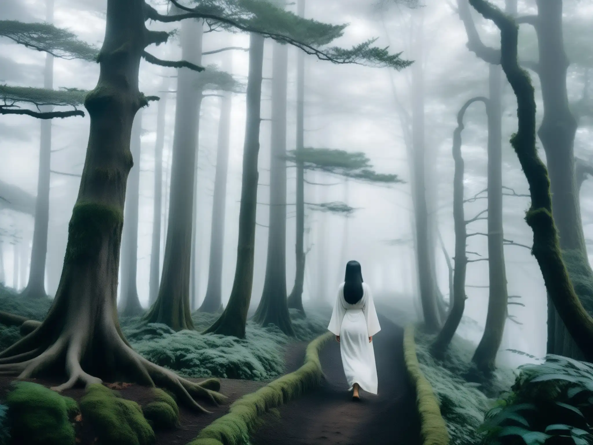 Sendero neblinoso en un bosque japonés con apariciones mujer blanca caminos Japón, árboles altos y raíces retorcidas