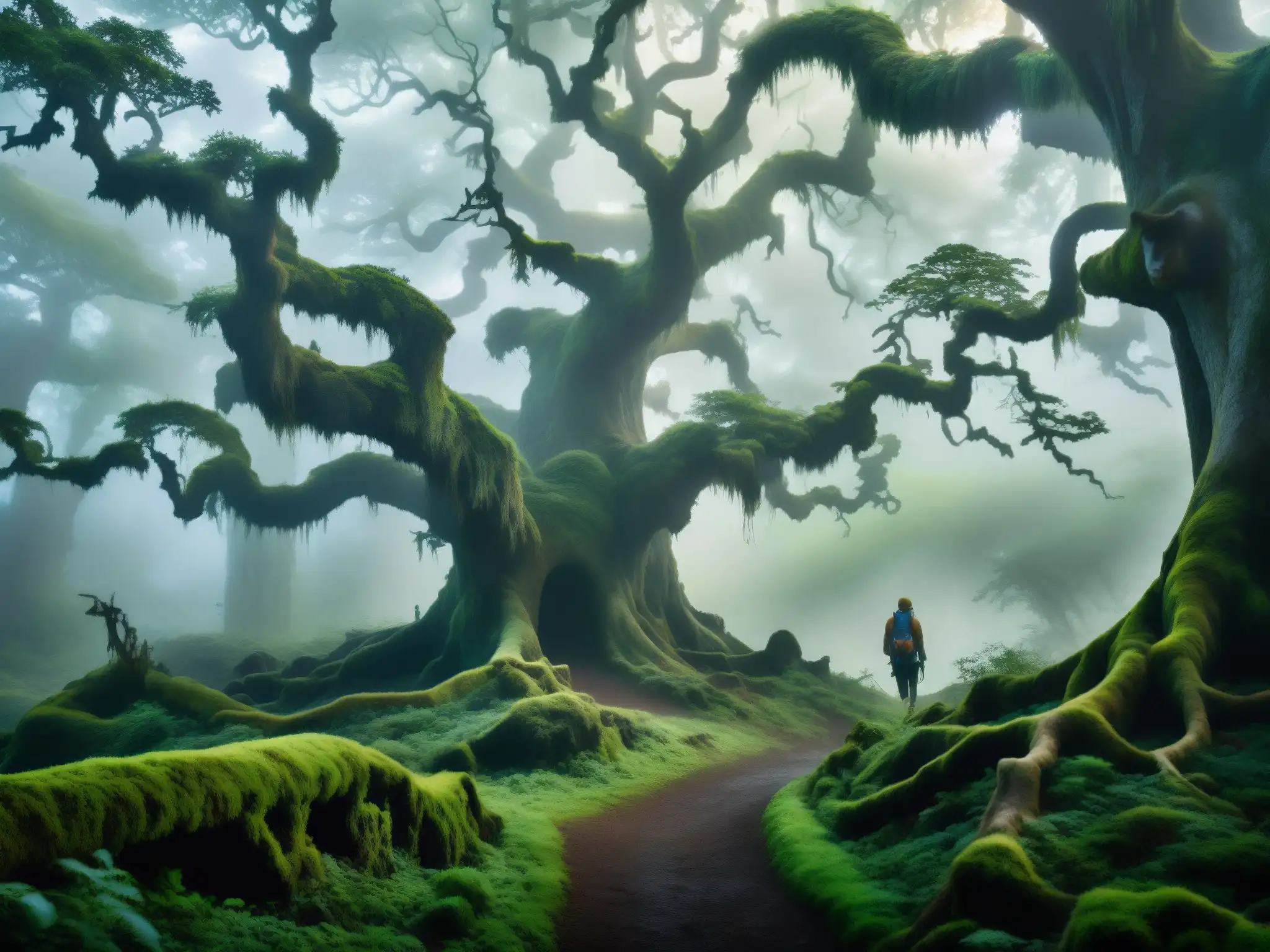 Sendero neblinoso en un bosque misterioso con árboles antiguos y una figura misteriosa
