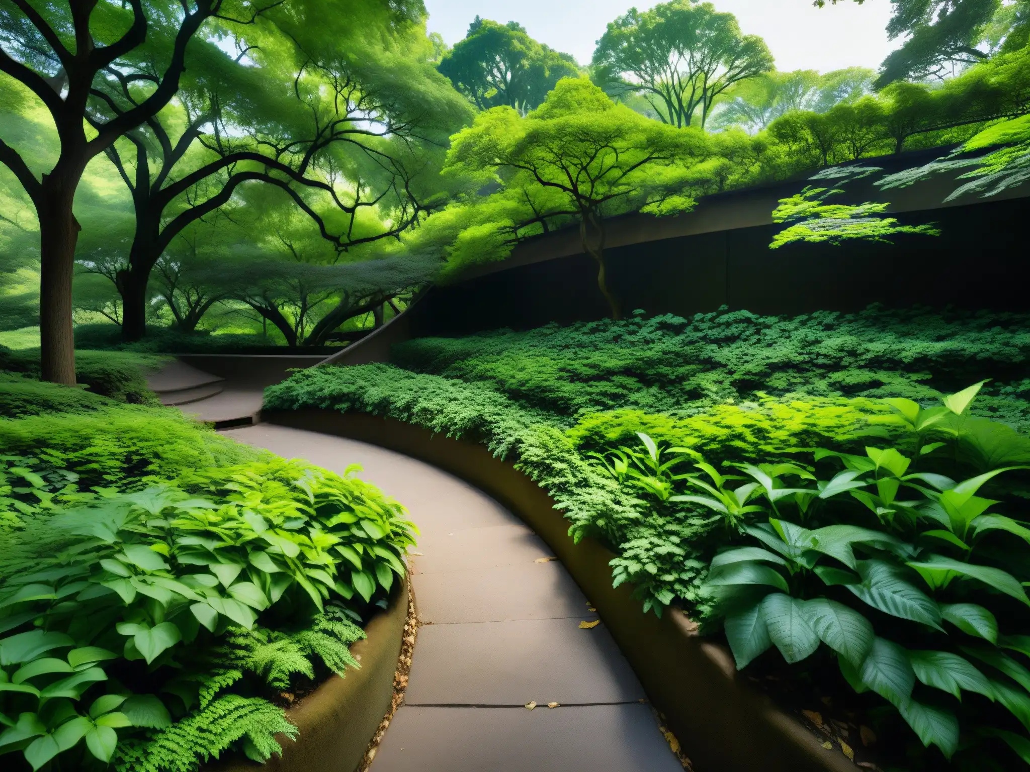 Sendero oculto entre la exuberante vegetación de Central Park, evocando secretos ocultos en Nueva York