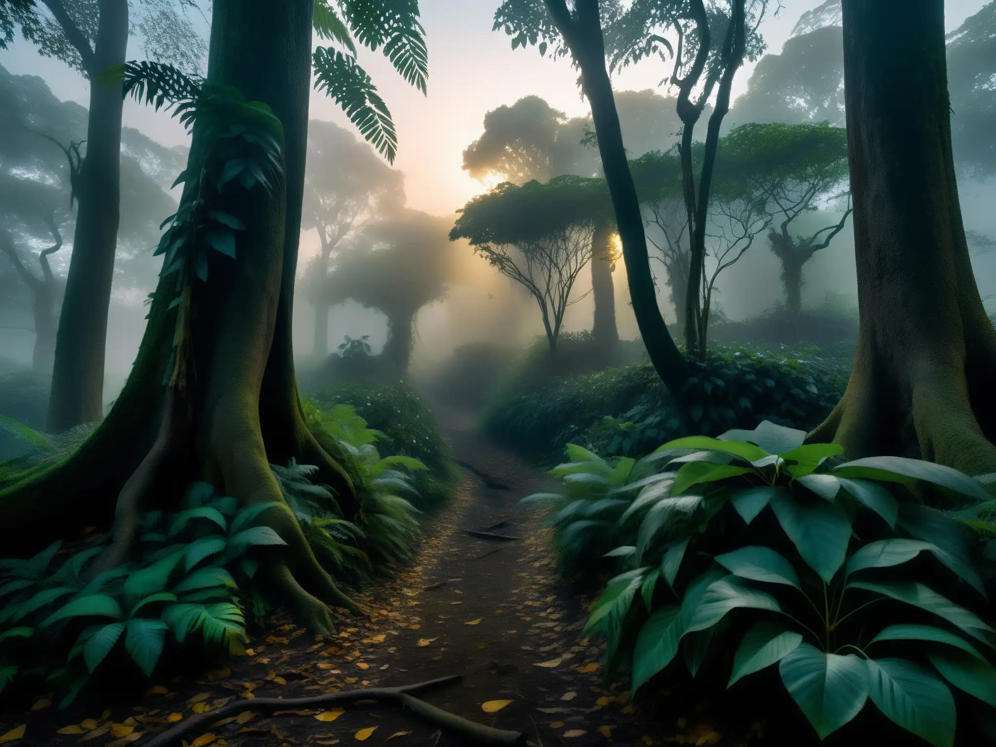 Sendero en selva misteriosa al anochecer, con árboles centenarios y atmósfera de La Mala Hora en leyendas sudamericanas