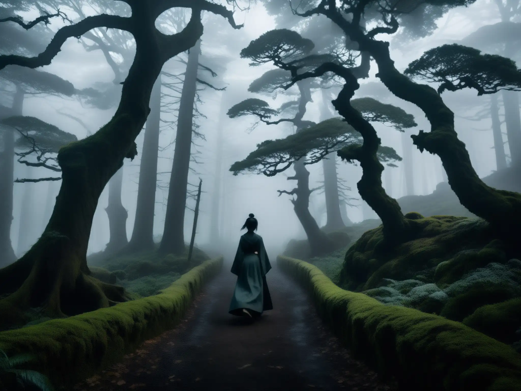 Un sendero serpenteante a través de un bosque neblinoso y sombrío, con árboles retorcidos