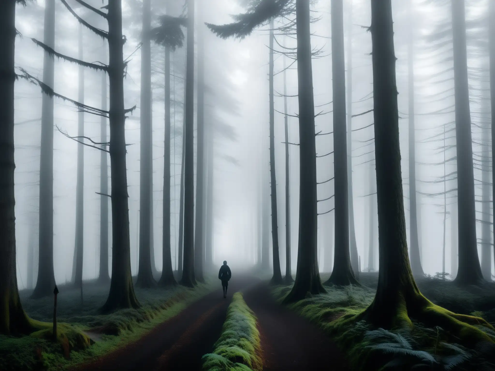 Senderos oscuros en un bosque brumoso, evocando el mito Slenderman