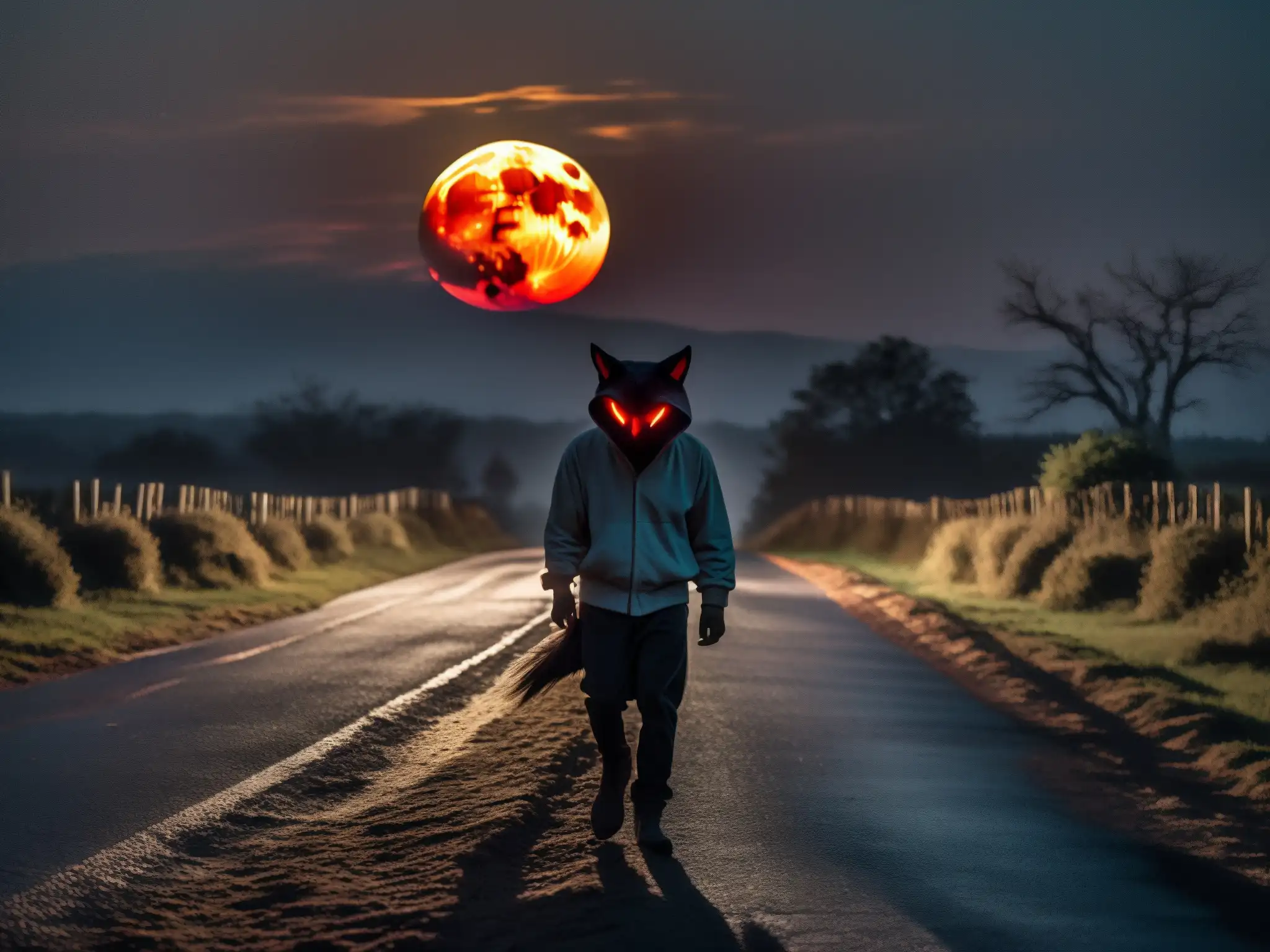 Un ser misterioso con ojos rojos brillantes acecha en un oscuro camino rural bajo la luna llena, evocando el origen psicológico del Chupacabras