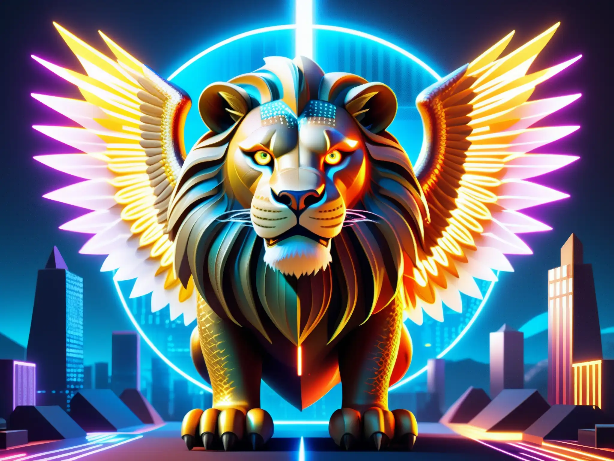 Un ser mitológico digital con cuerpo de dragón, cabeza de león, alas de águila y elementos tecnológicos