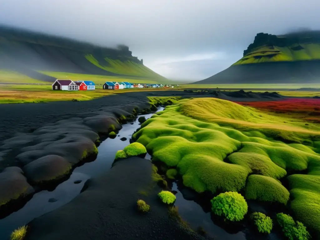 Seres encantados conviviendo en la mística Islandia, entre casas coloridas y un río serpenteante, envueltos en neblina