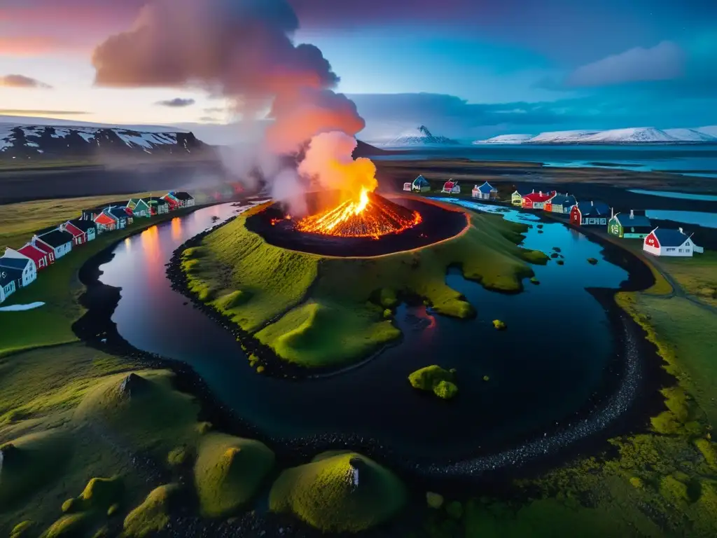 Seres encantados conviviendo en Islandia: paisaje mágico, ríos, casas coloridas y habitantes locales junto a una fogata bajo auroras boreales