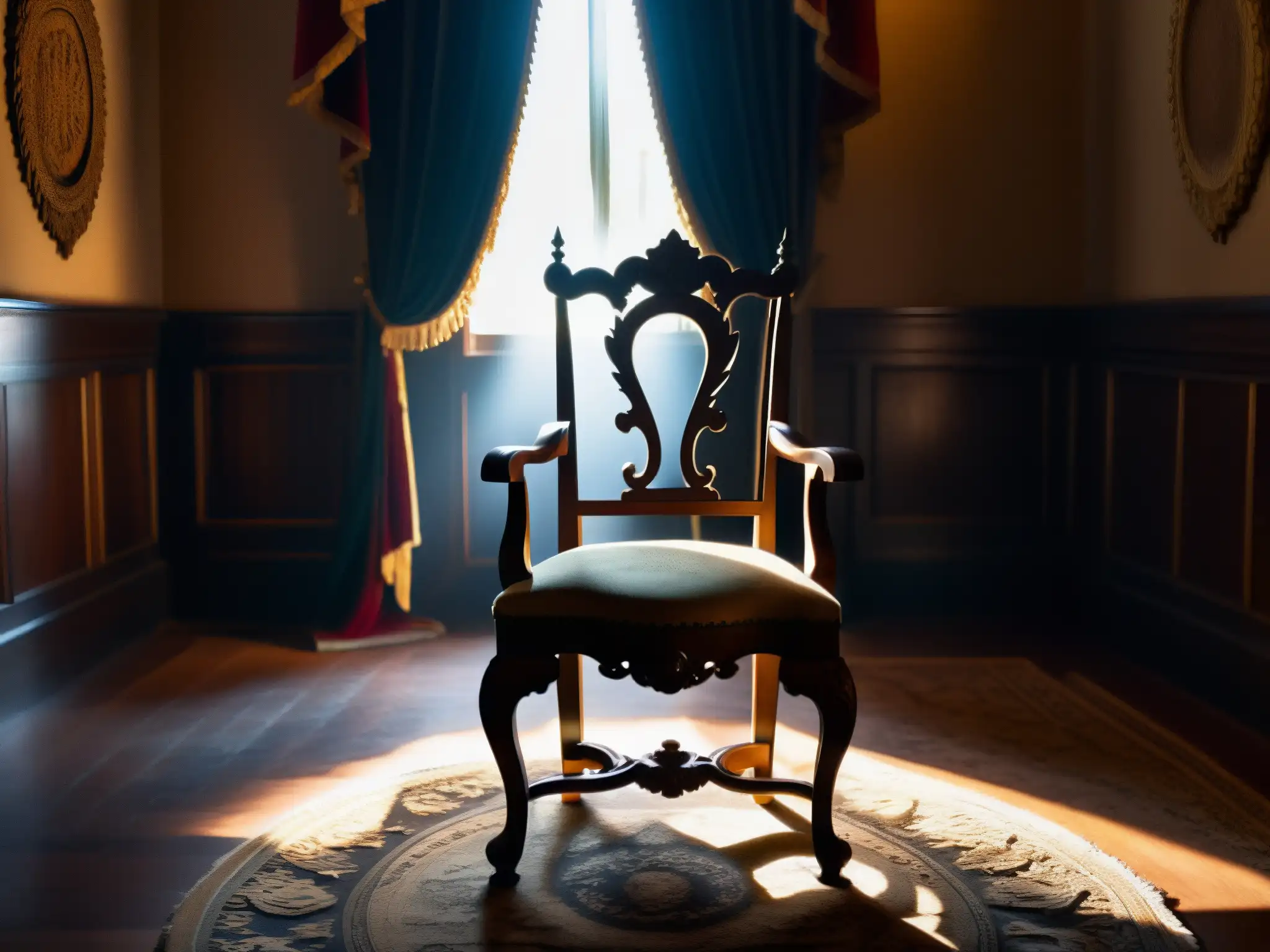 Una silla presidencial envuelta en misterio y superstición, rodeada de sombras y figuras fantasmales