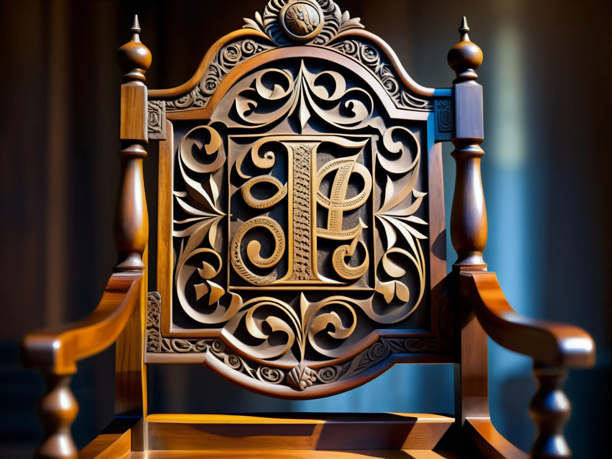 Una silla presidencial de madera tallada, con símbolos y detalles intrincados, en una habitación tenue que realza su importancia histórica
