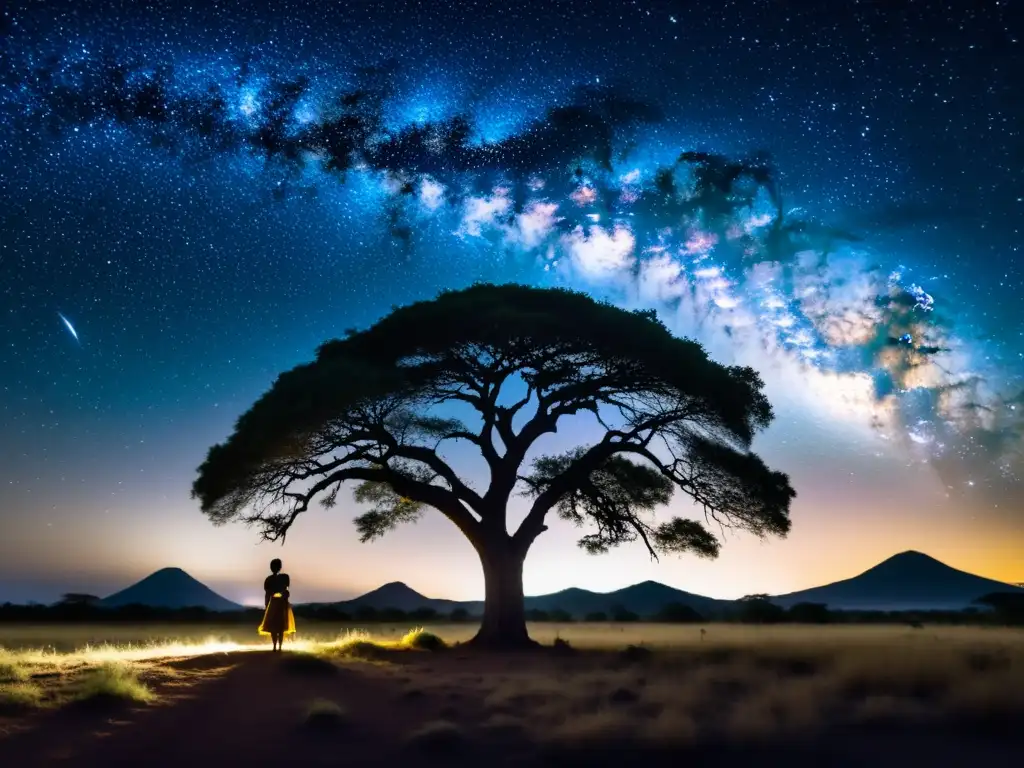 Silueta de acacia bajo el cielo estrellado de Tanzania, capturando el enigma del Popobawa Tanzania