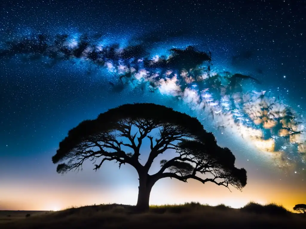 Silueta de un árbol en la sabana tanzana, bajo un cielo estrellado y la Vía Láctea