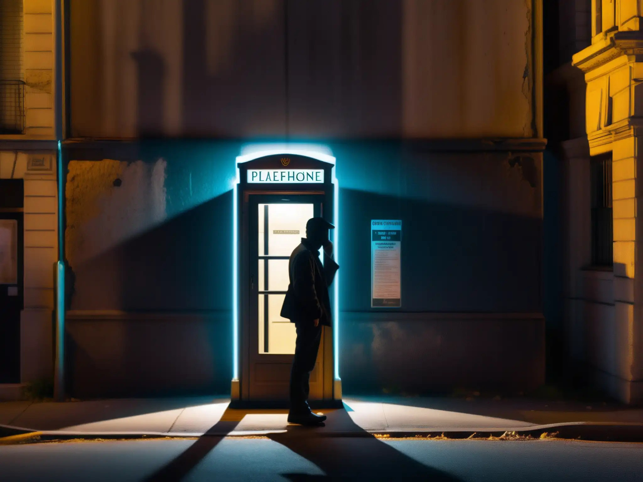 Silueta borrosa en cabina telefónica abandonada, entre sombras y misterio urbano
