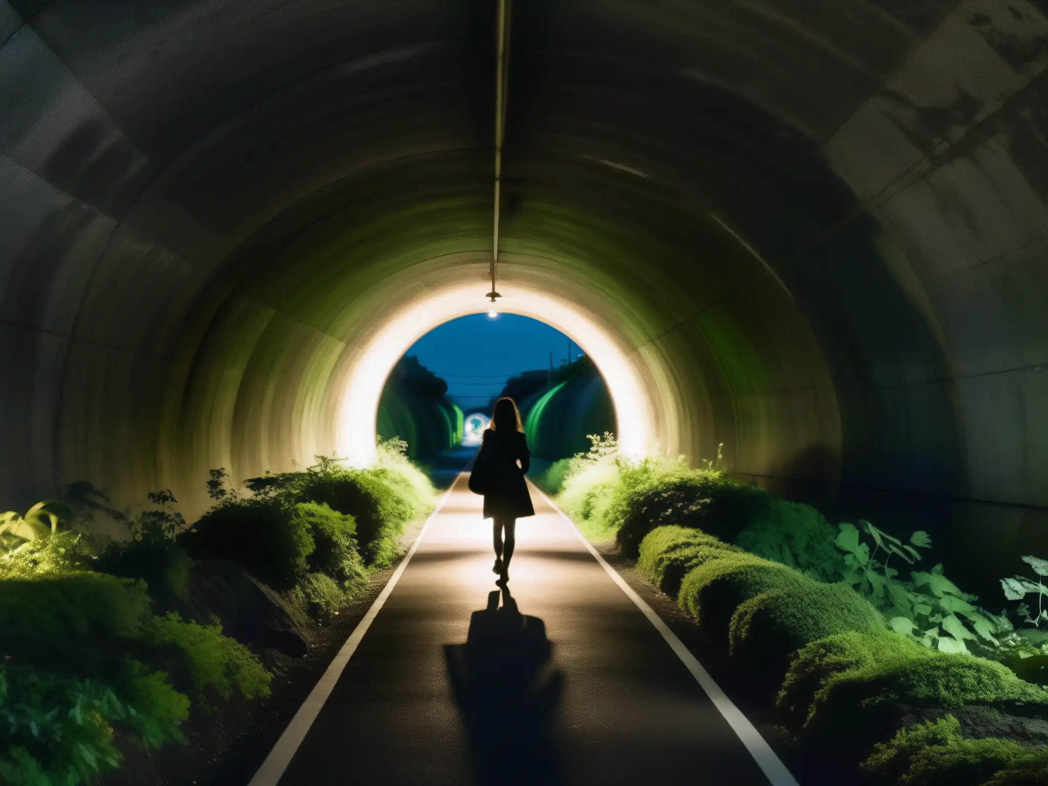 Silueta borrosa de la Mujer del Túnel de Yamate en la misteriosa pasarela nocturna rodeada de vegetación y luz tenue