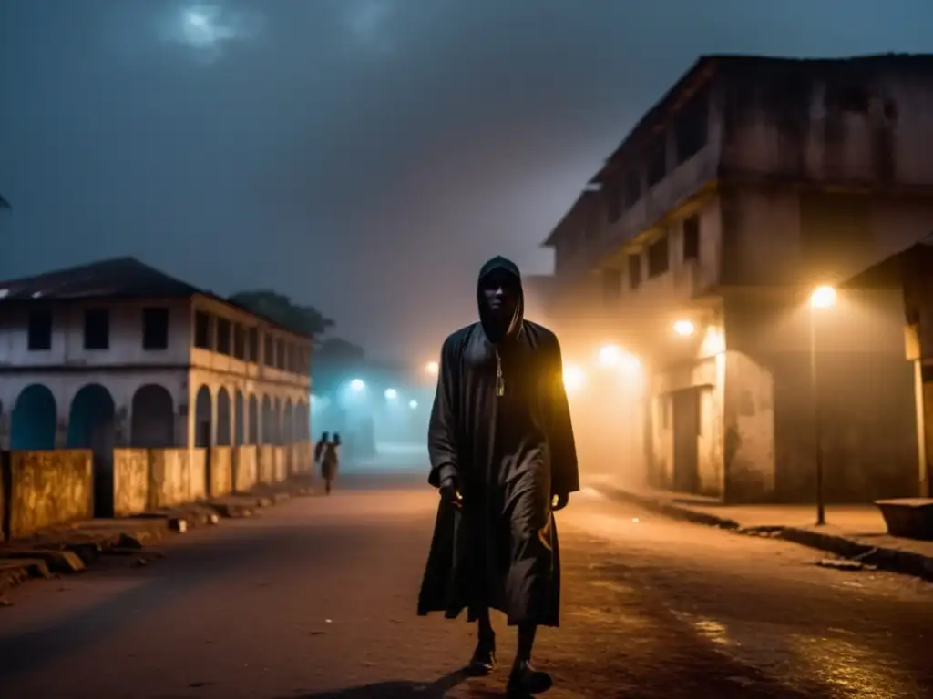 Silueta en la calle de Conakry, Guinea, bajo la luz tenue