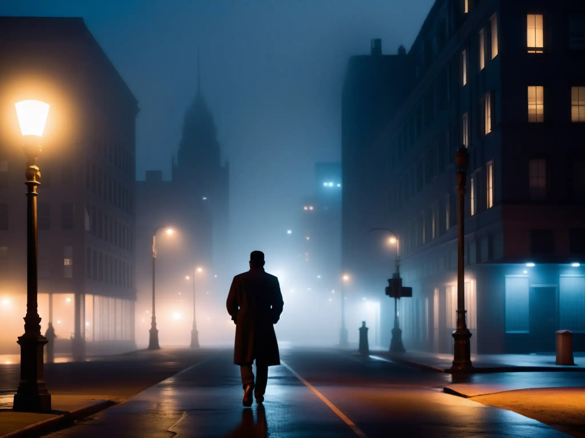 Silueta en la ciudad nocturna, influencia leyendas urbanas digitales, atmósfera misteriosa y inquietante entre la niebla