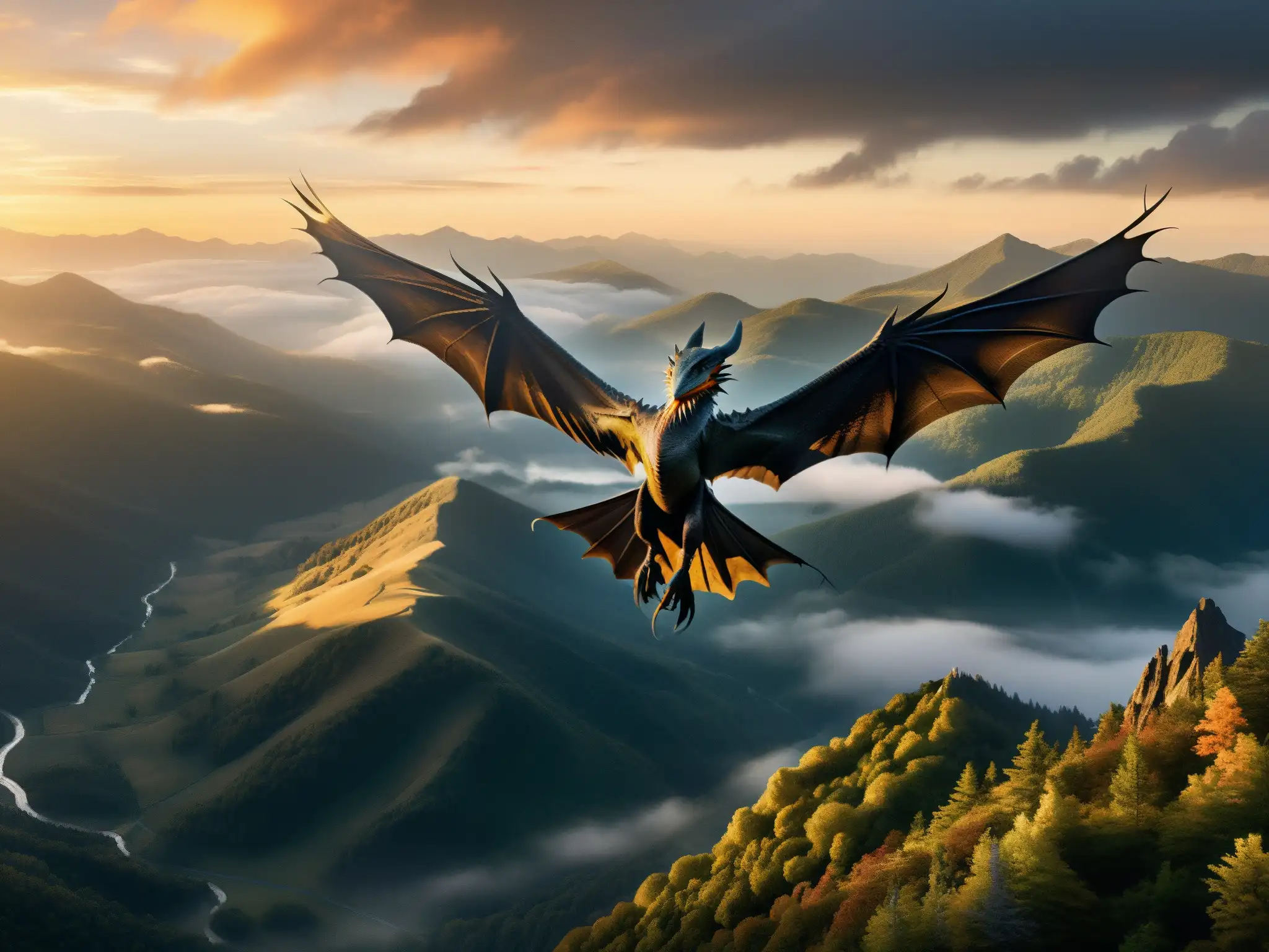 Silueta de un dragón de los Apalaches mito criatura surcando el cielo dorado entre las montañas neblinosas al amanecer, evocando misterio y asombro