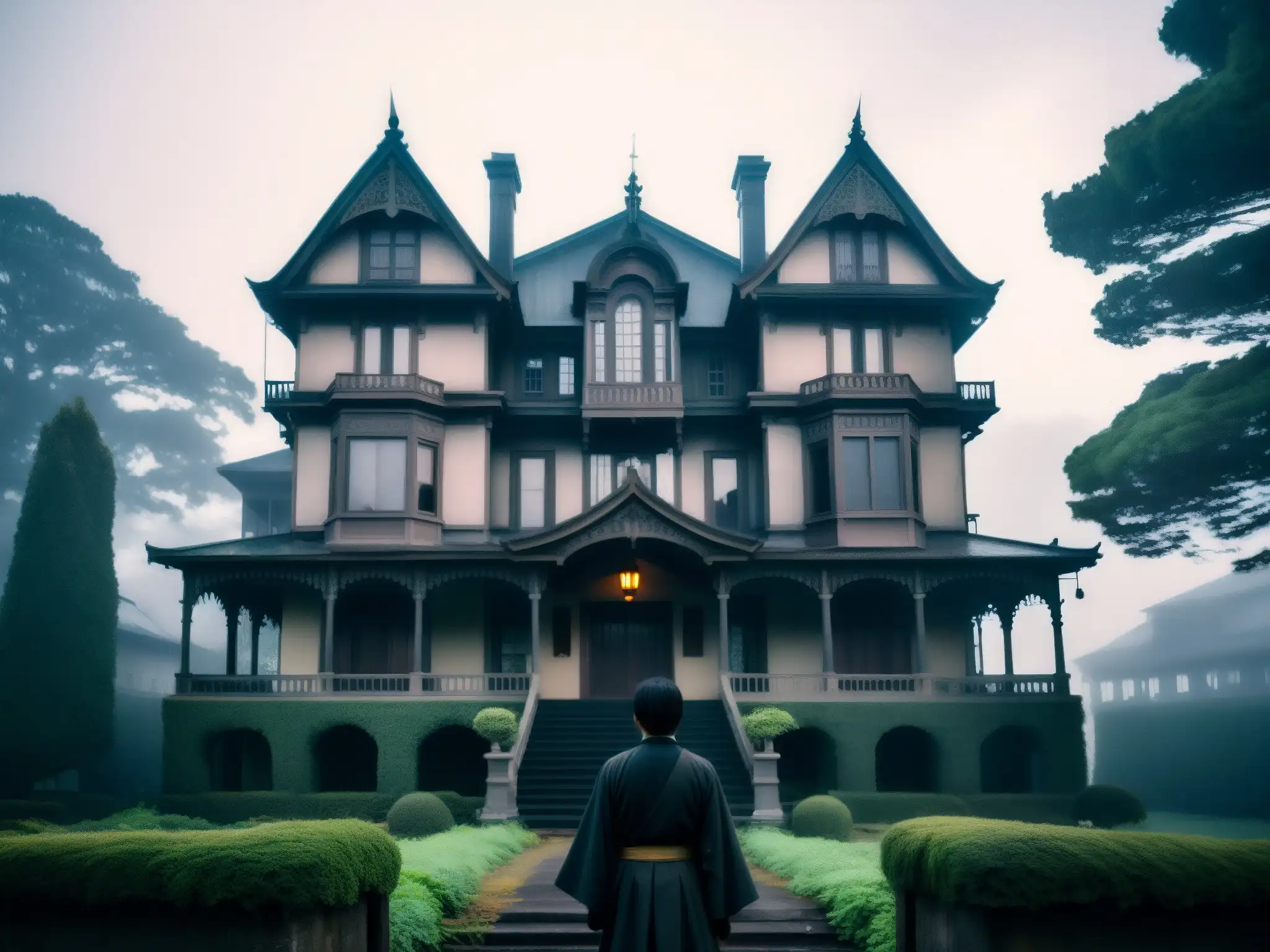 Silueta contempla la escalofriante mansión Himuro en la neblina, evocando la psicología del miedo en Himuro Mansion