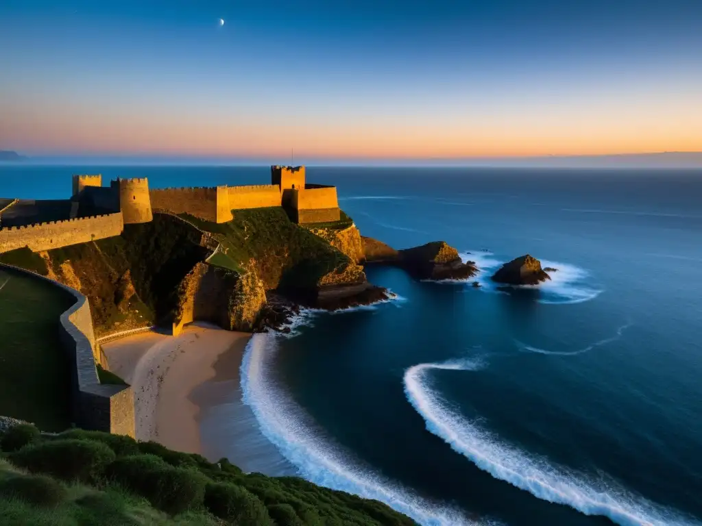 Silueta del fuerte São Jorge da Mina, iluminada por la luna, en la costa