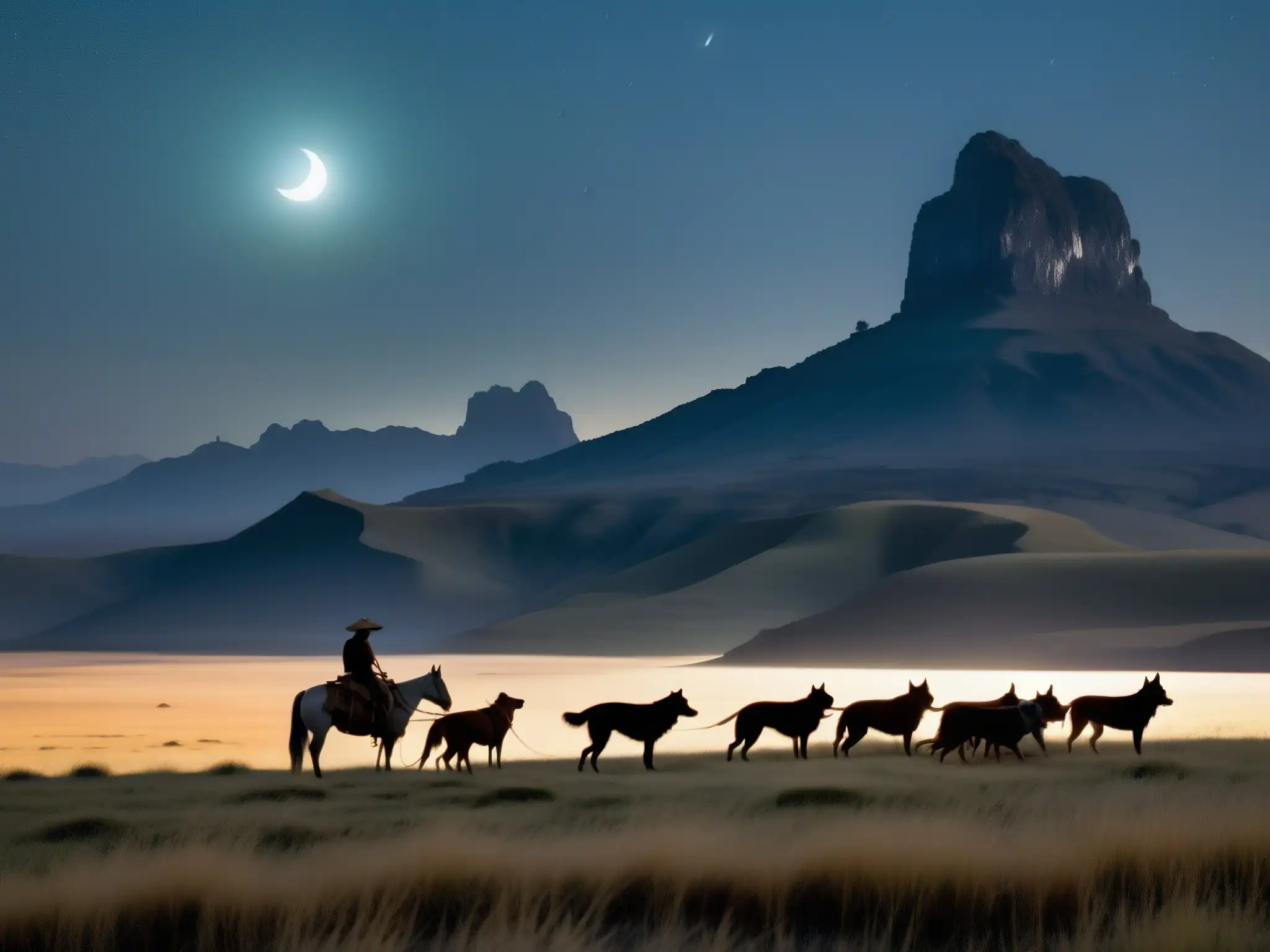 Silueta de gaucho y perros bajo la luna en las Pampas