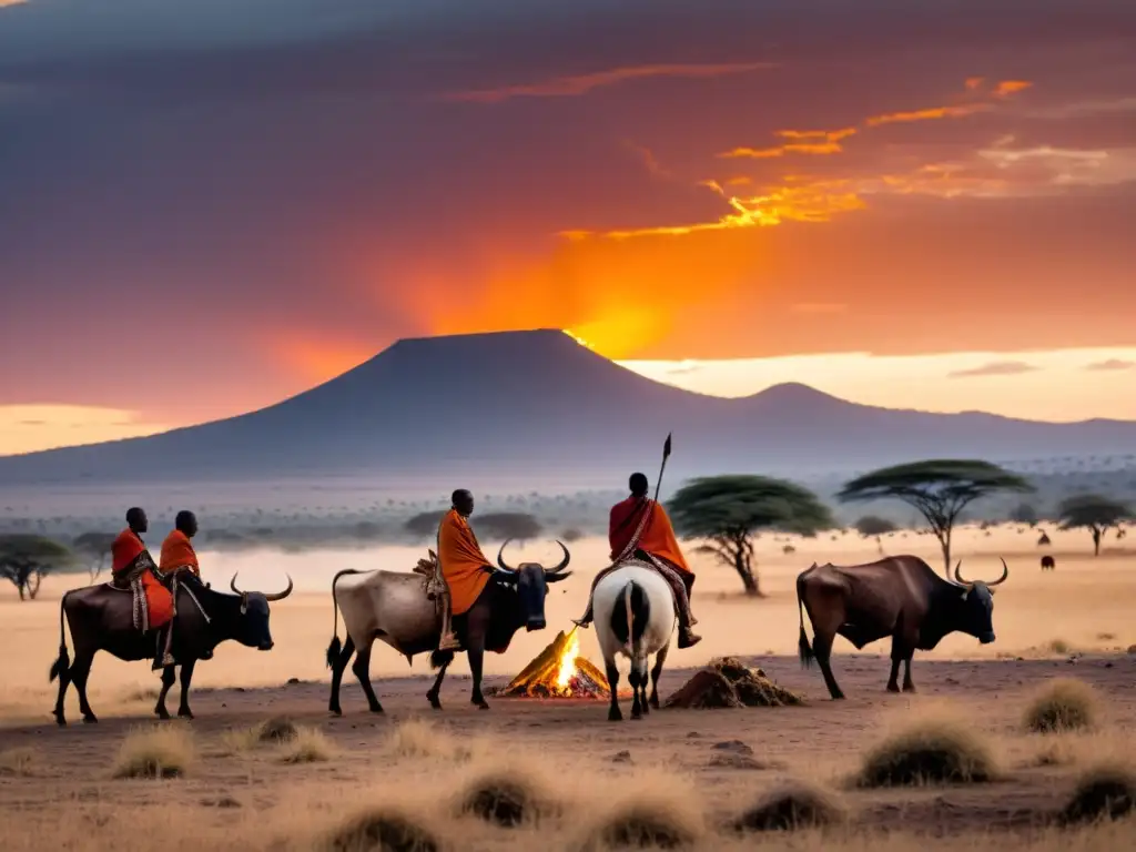 Silueta de guerreros Maasai junto a un fuego, contando historias al atardecer en paisaje keniano