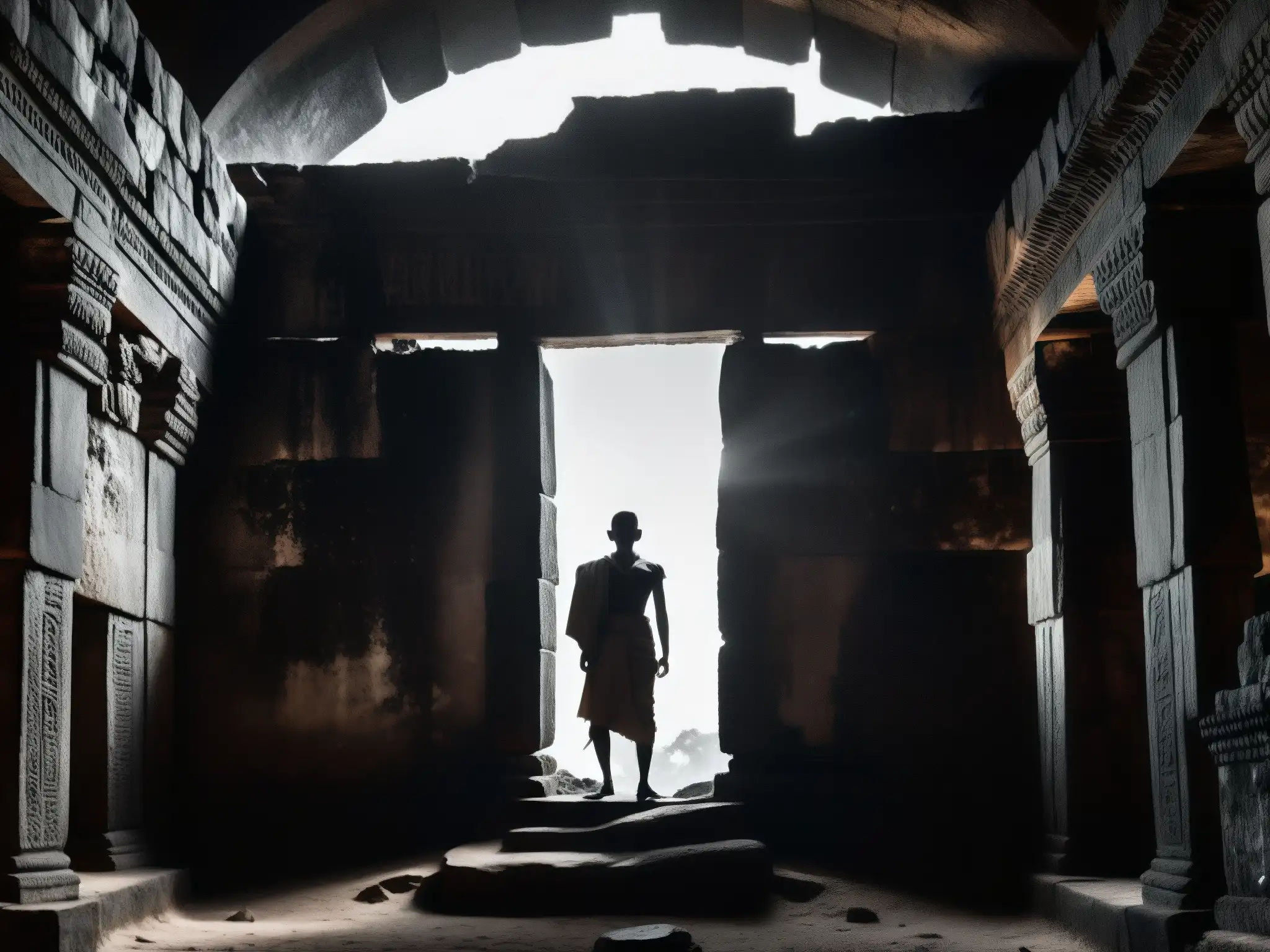 Silueta del Hombre Sin Rostro en ruinas antiguas de Sri Lanka, evocando el misterio del mito