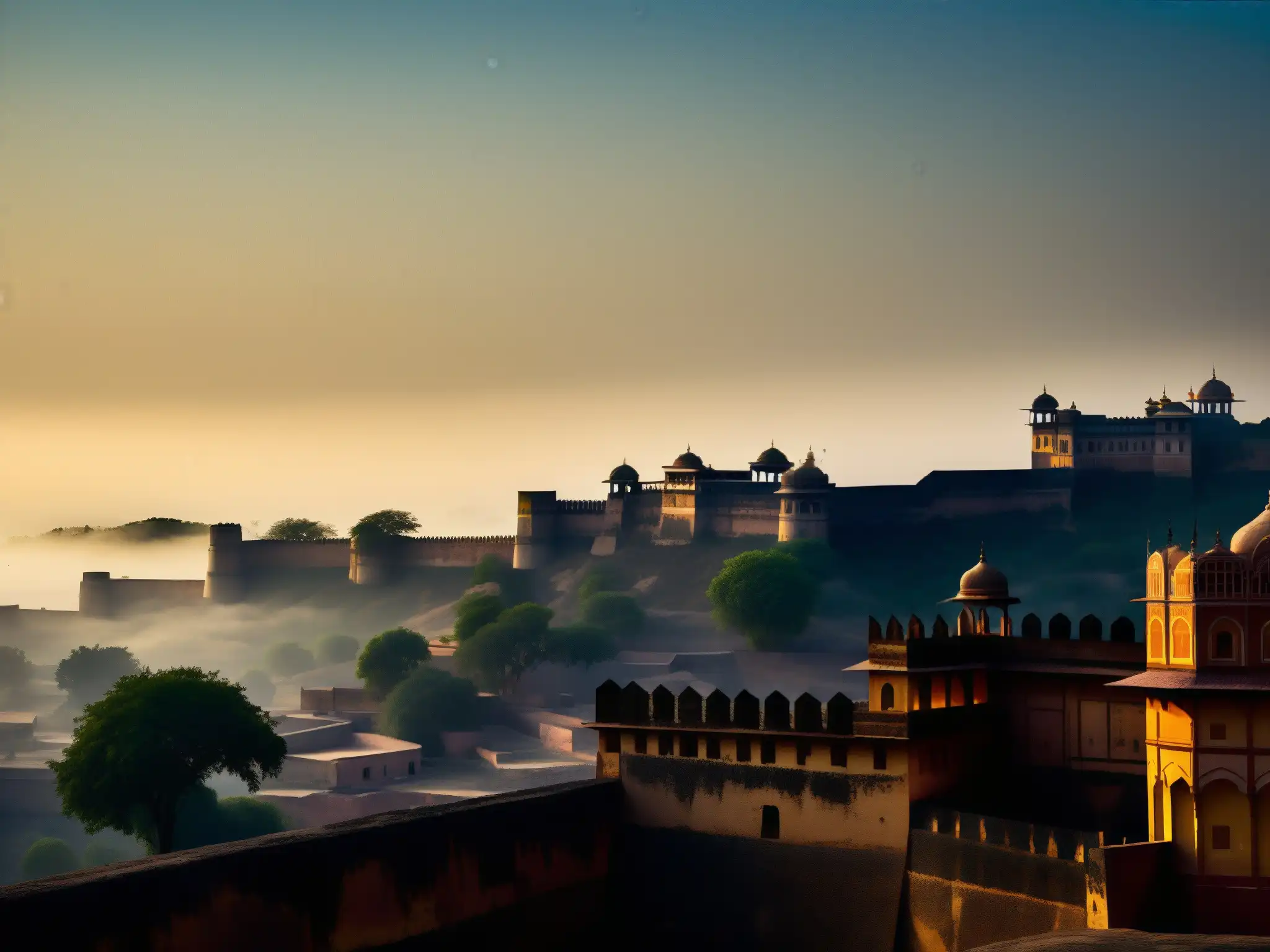 Silueta misteriosa de los antiguos muros de los Fuertes de Jaipur, envueltos en la luz de la luna y la niebla