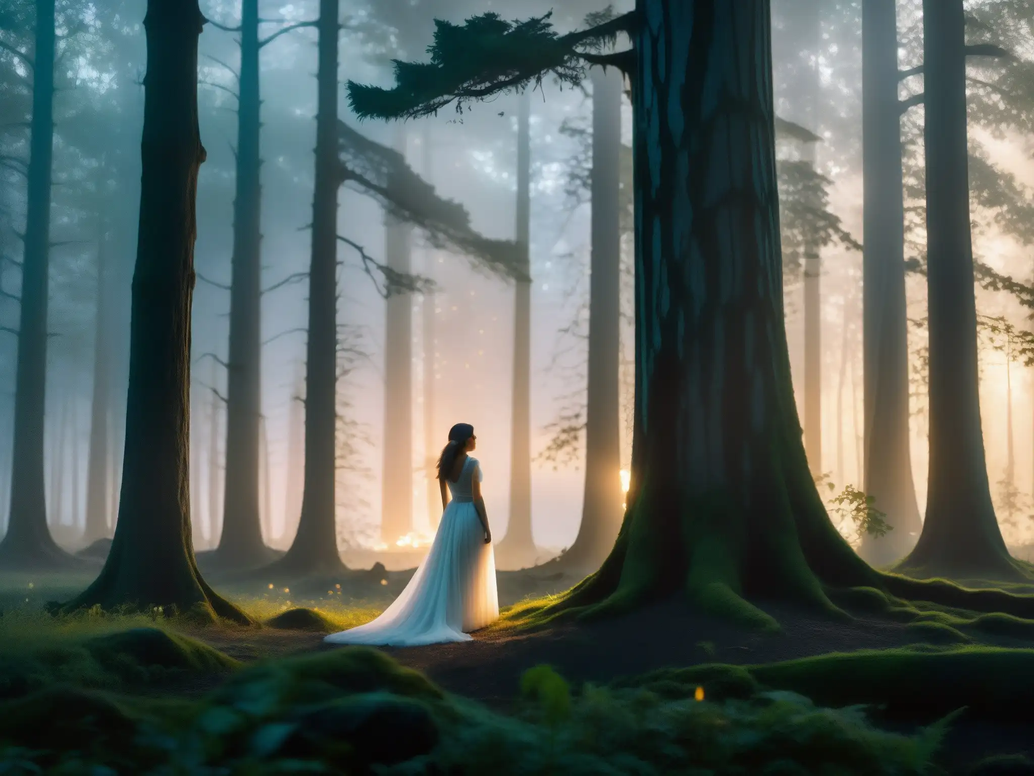 Silueta misteriosa en bosque neblinoso al atardecer, capturando la esencia de la leyenda de Mulánima: alma errante mujer
