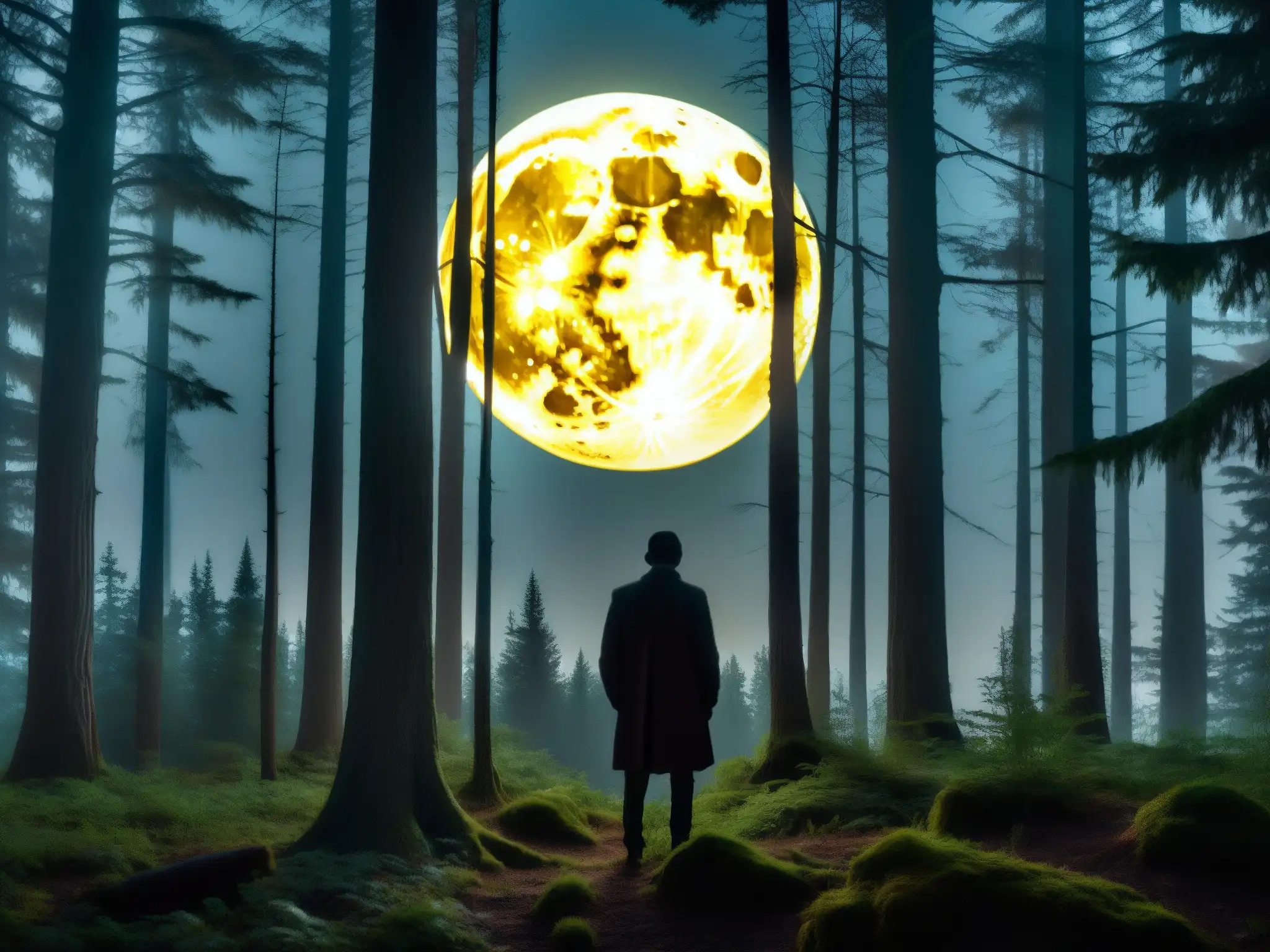 Silueta misteriosa en bosque nocturno iluminado por luna llena, evocando la verdad detrás del Chupacabra