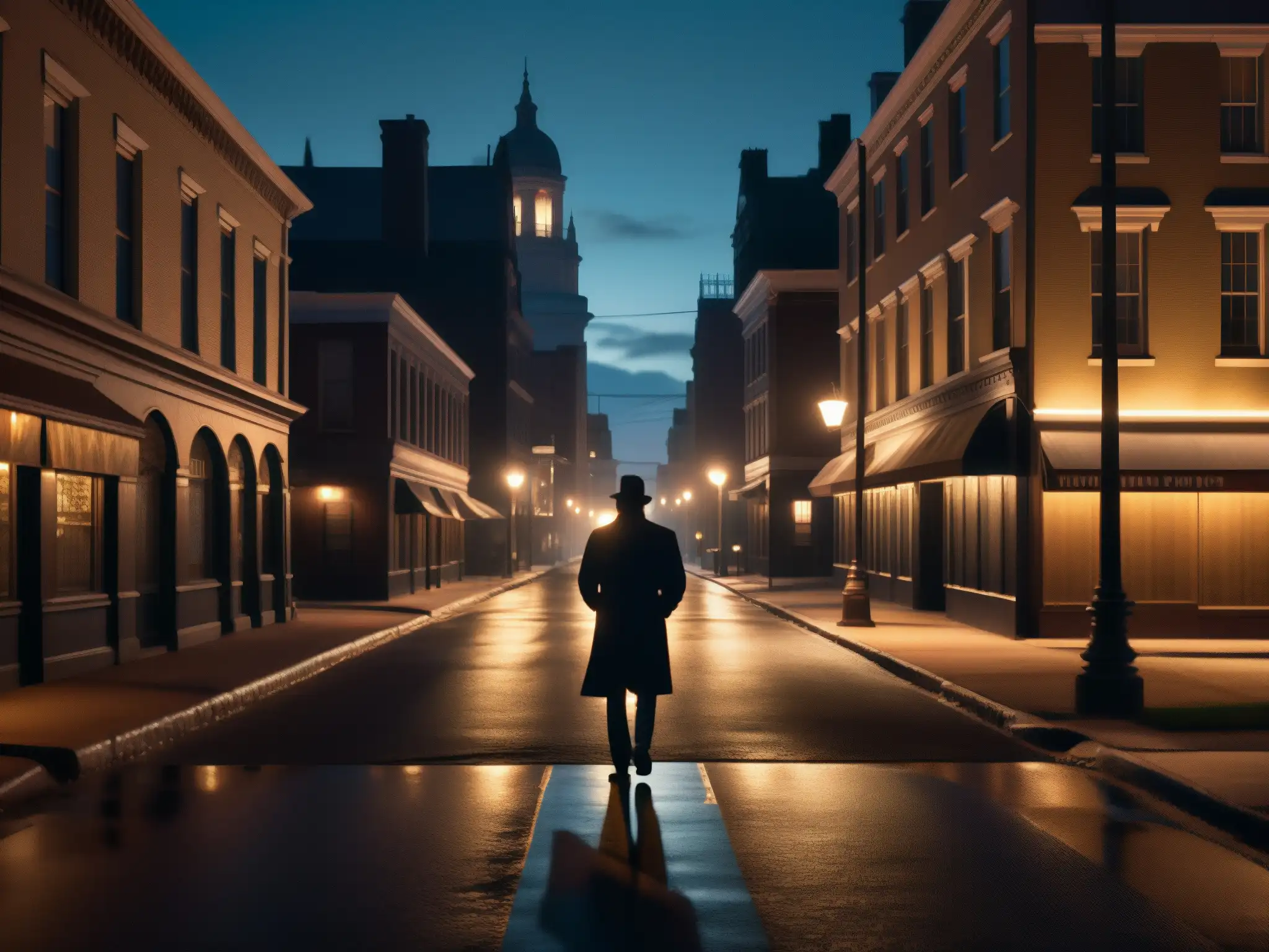 Silueta misteriosa camina en calle nocturna, entre sombras y luces, evocando necesidad enigma leyendas urbanas