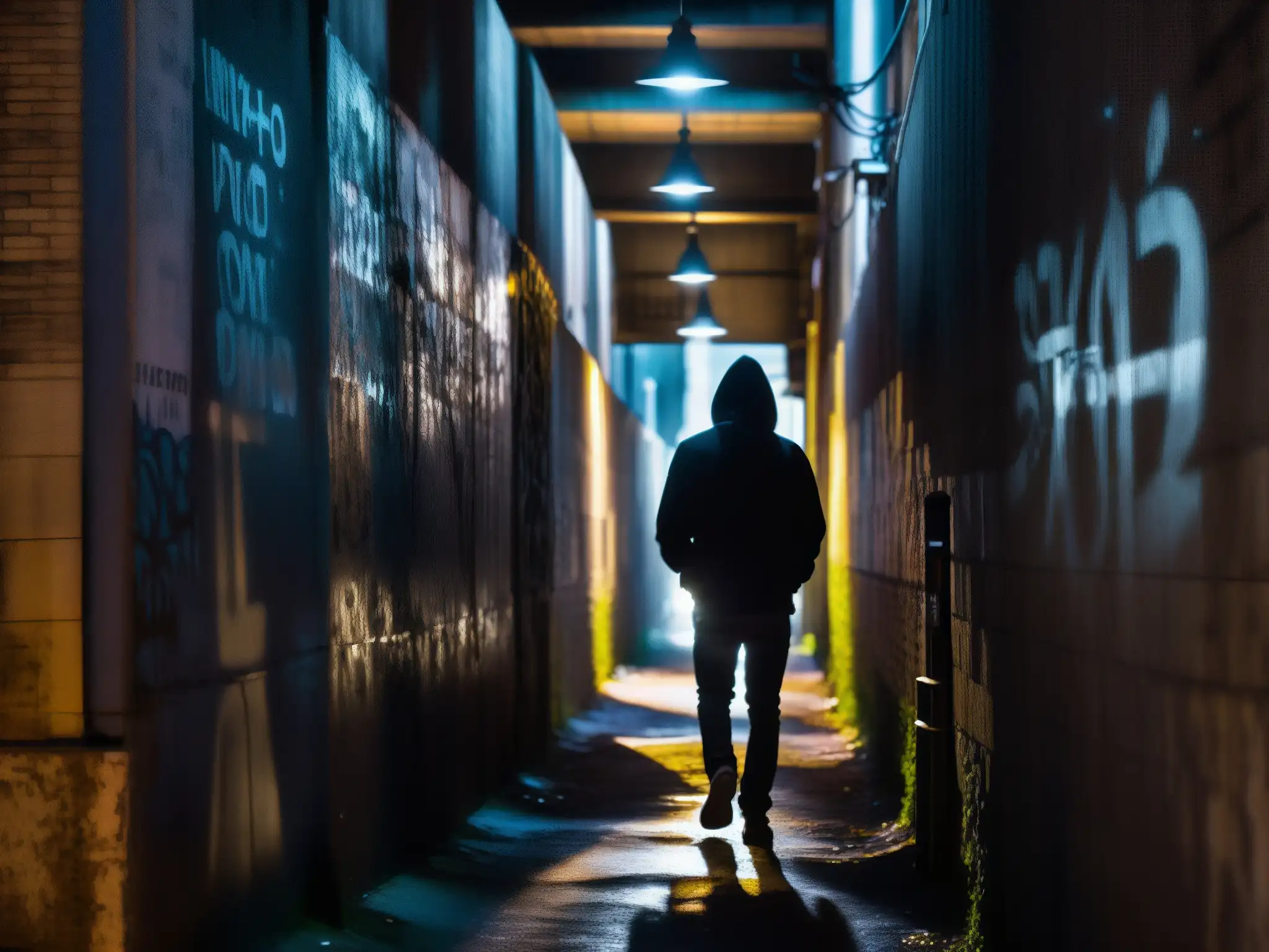 Silueta misteriosa en calle urbana oscura, grafitis y luces