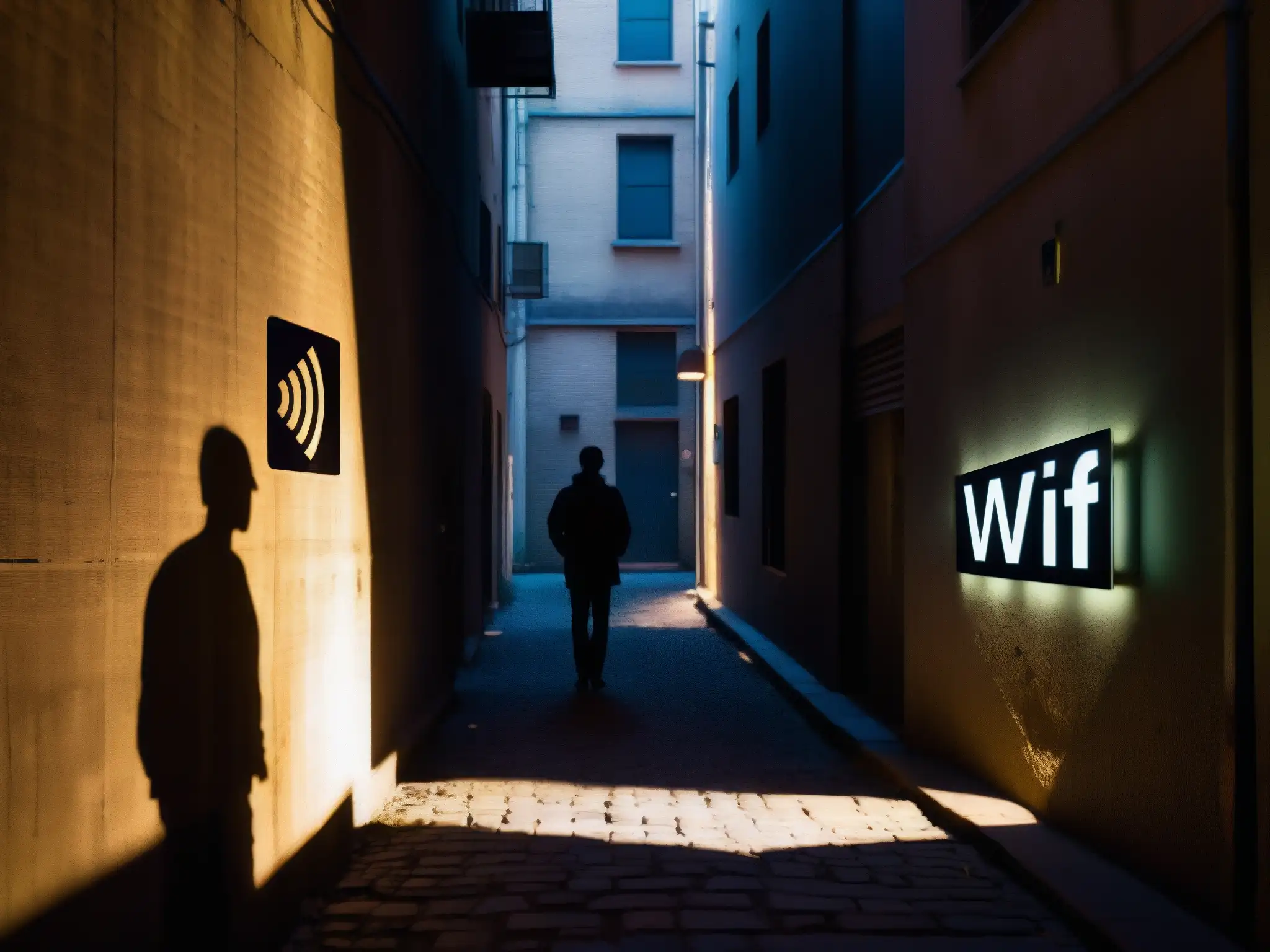 Silueta misteriosa en callejón urbano iluminado por WiFi Bluetooth