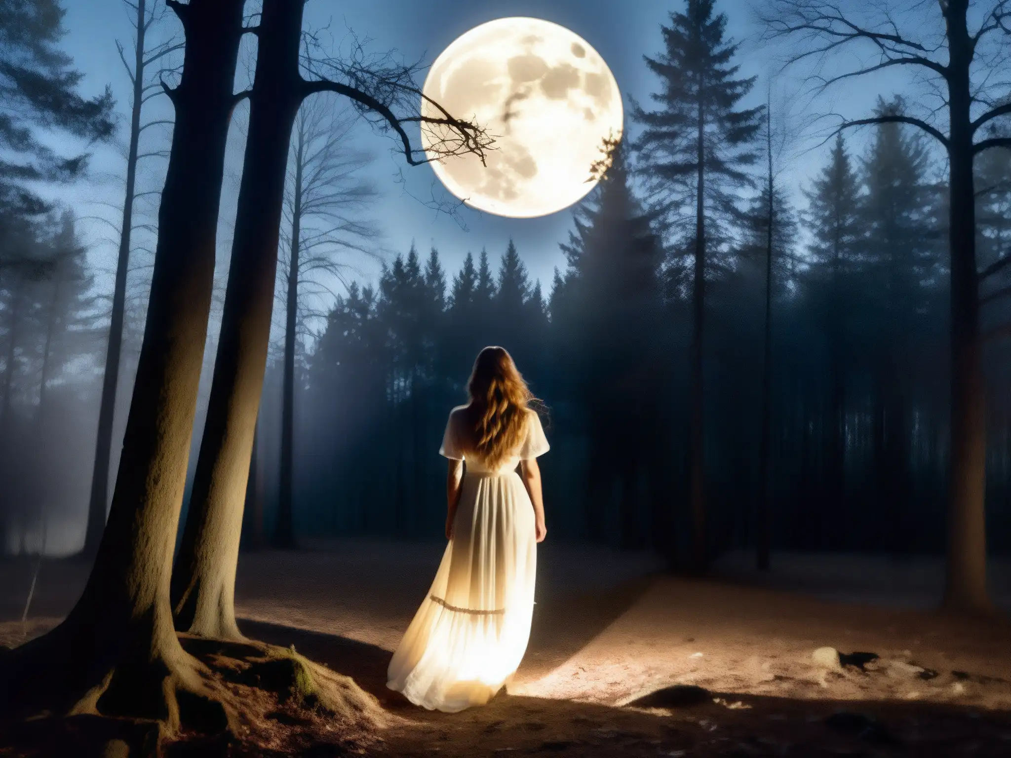 Silueta misteriosa de La Cegua en bosque nocturno iluminado por la luna, evocando el mito centroamericano