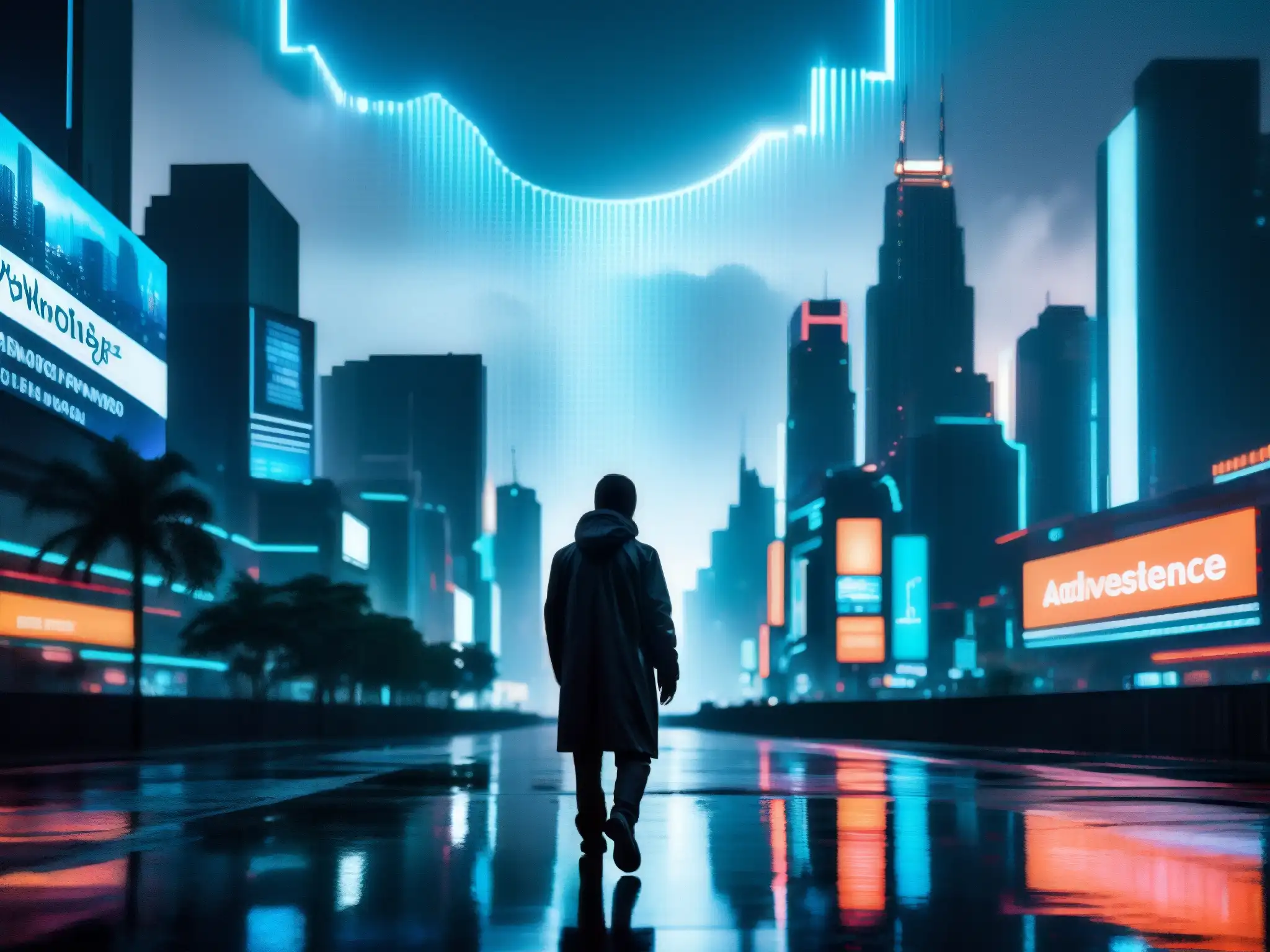 Silueta misteriosa en ciudad futurista con leyendas urbanas inteligencia artificial