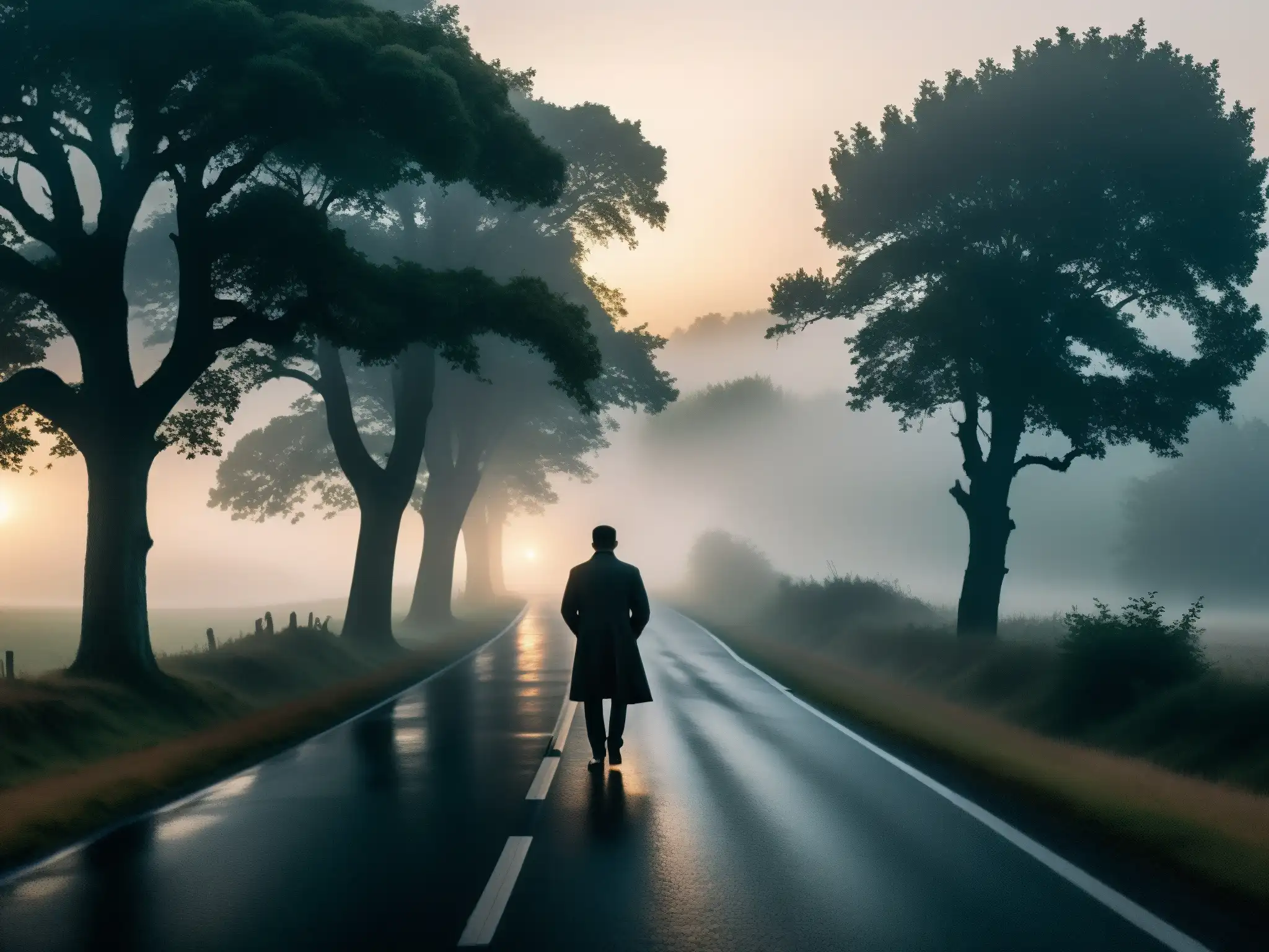 Silueta misteriosa en curva de carretera desierta al anochecer, rodeada de neblina y árboles ominosos