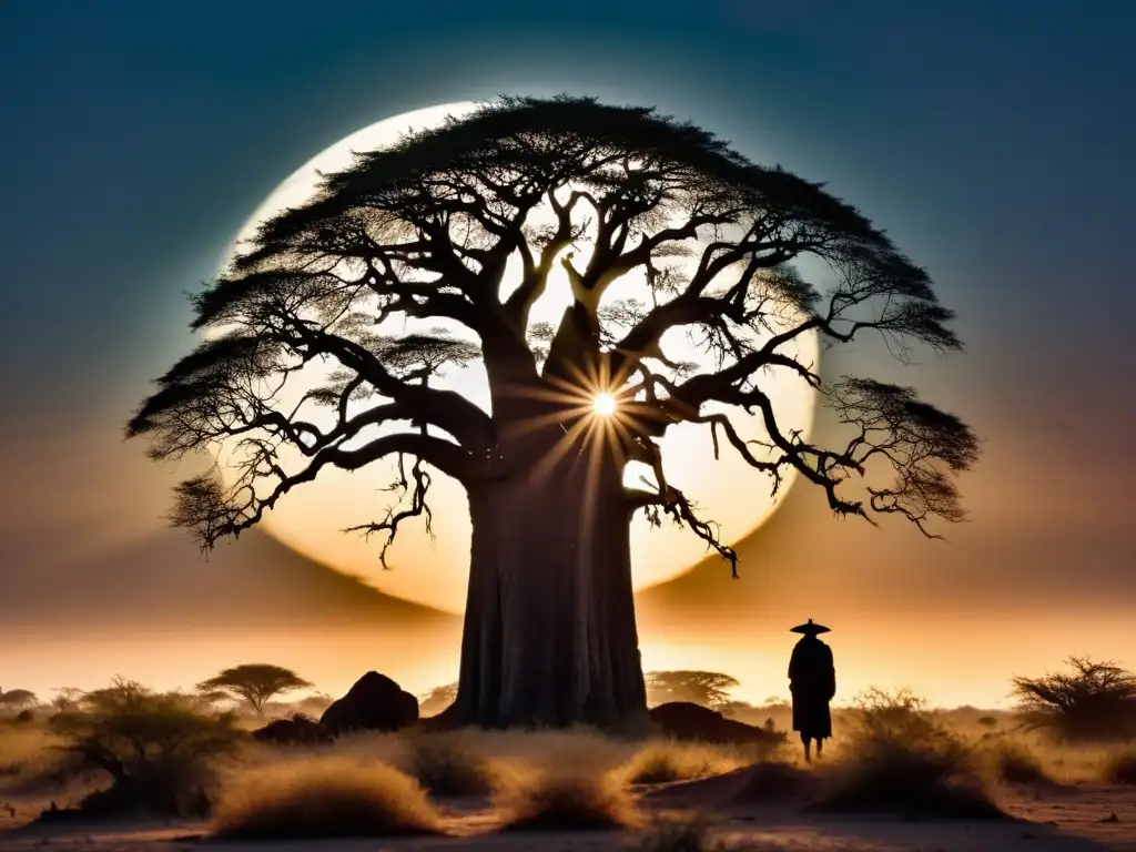 Silueta misteriosa bajo baobab, inmortal vagabundo de Cotonú observa la savana iluminada por la luna y estrellas, envuelto en leyenda