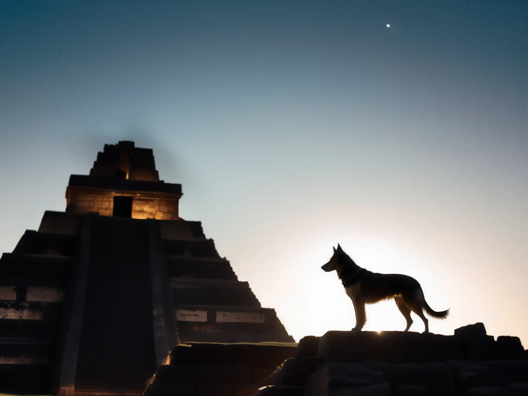 Silueta misteriosa junto a un gran perro negro en el antiguo templo azteca, bajo la luz de la luna
