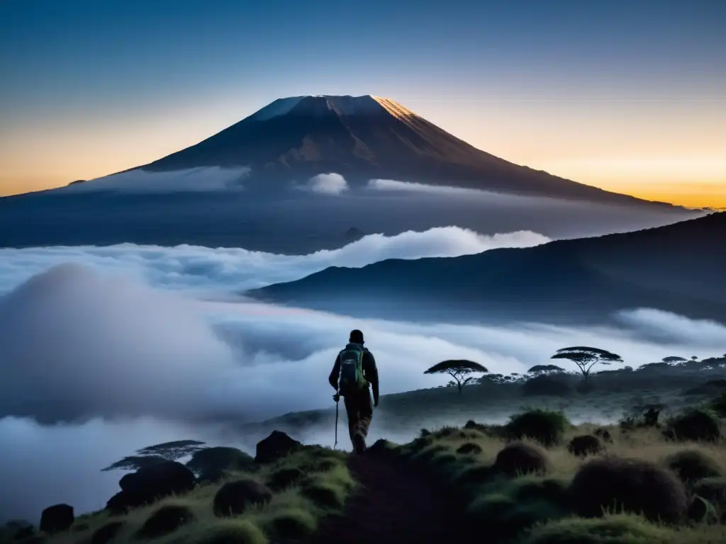 Silueta misteriosa en la neblina del Kilimanjaro, evocando leyendas de fantasmas en la montaña