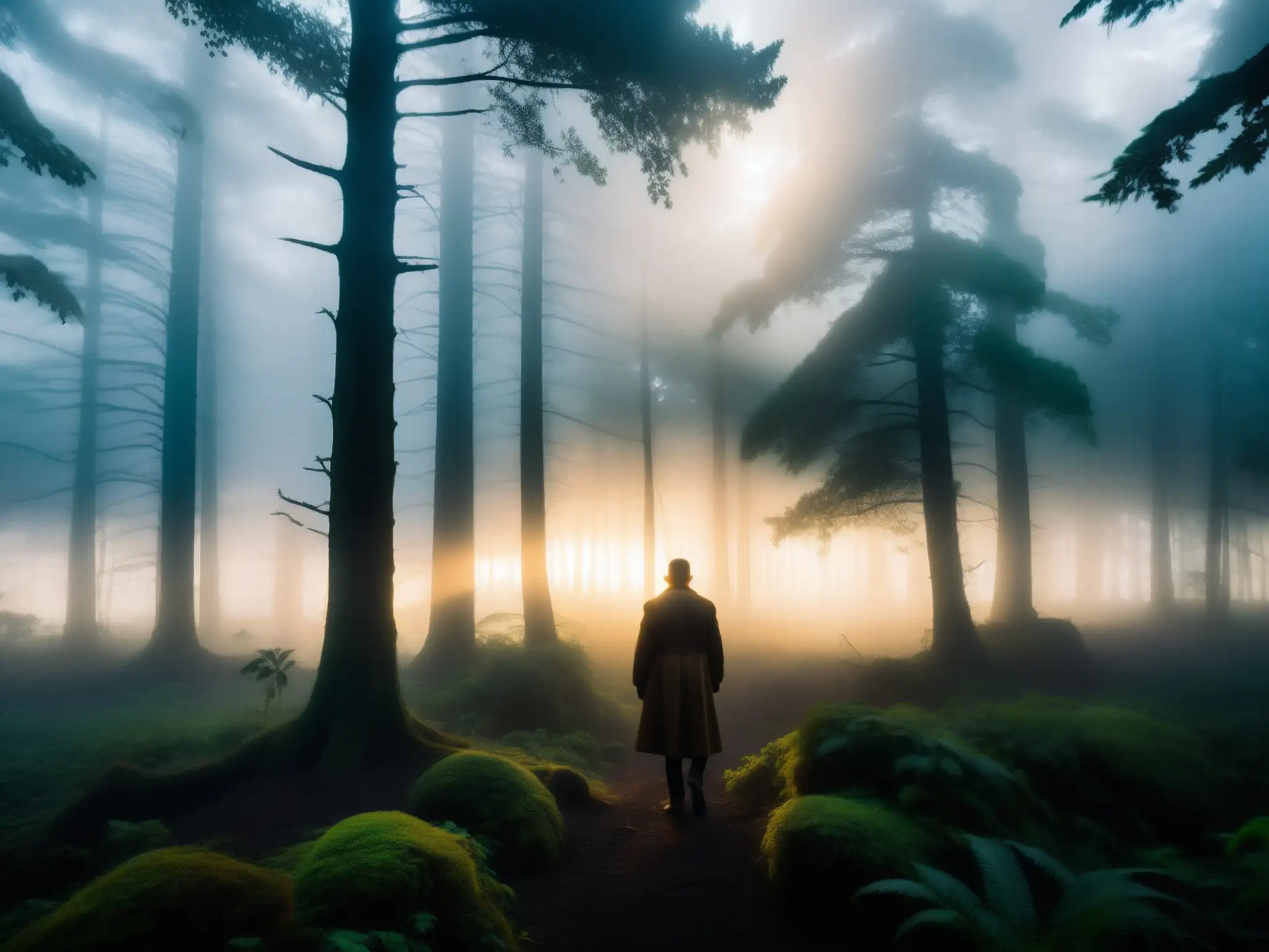 Silueta misteriosa entre la niebla en un bosque chilote, evocando la seducción y misterio de la leyenda del Trauco